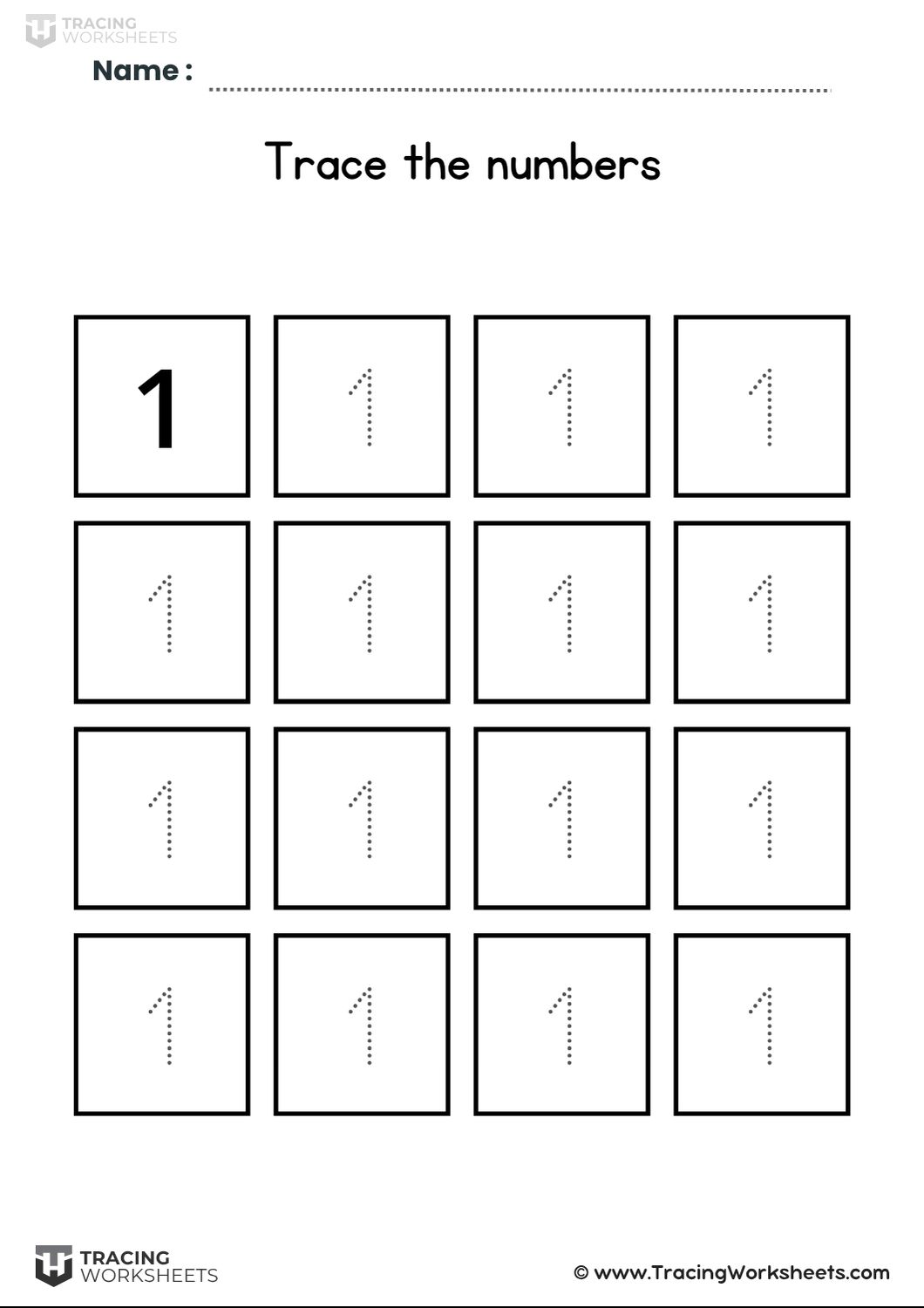 Boxed practice for tracing number 1