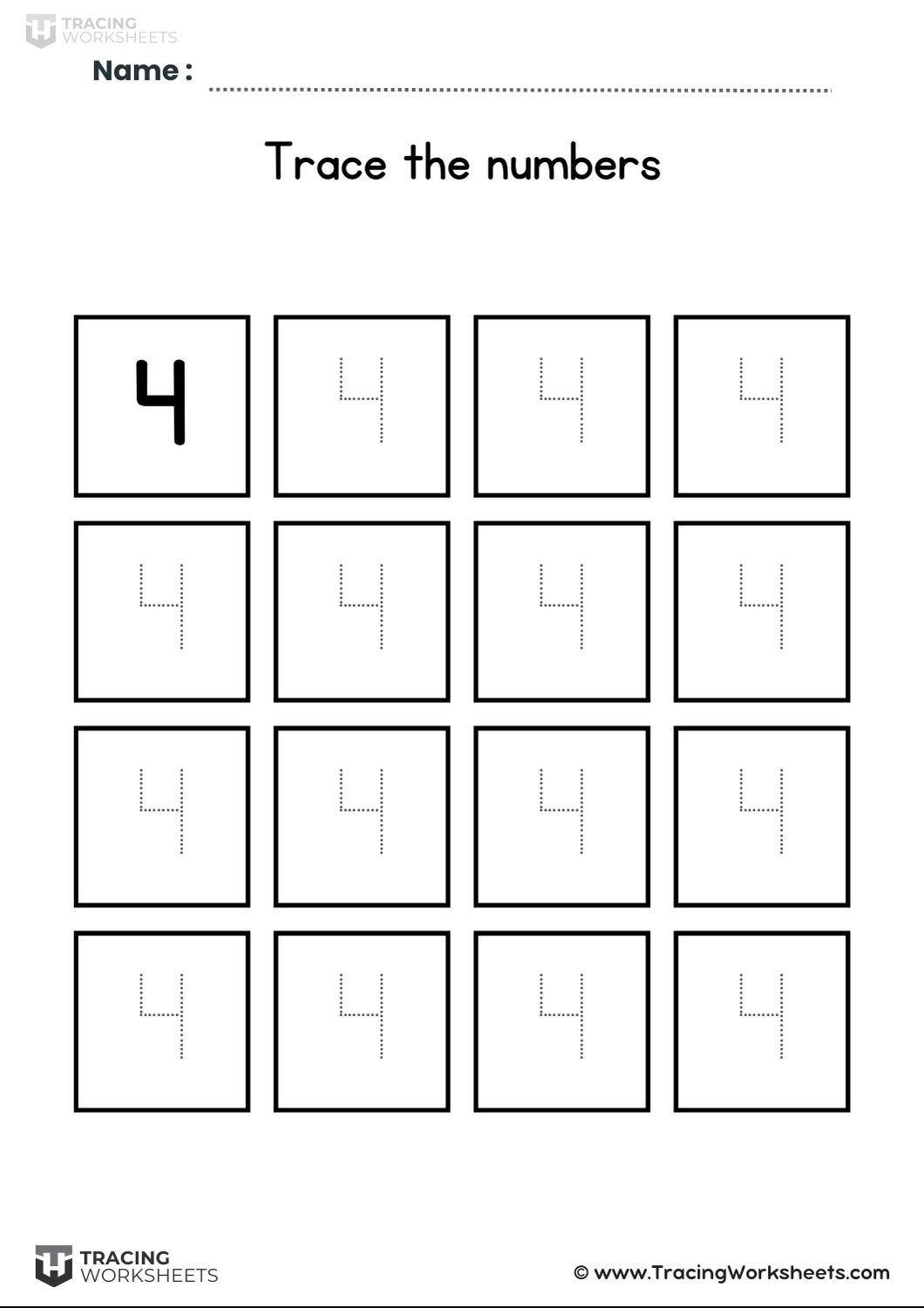Boxed practice for tracing number 4