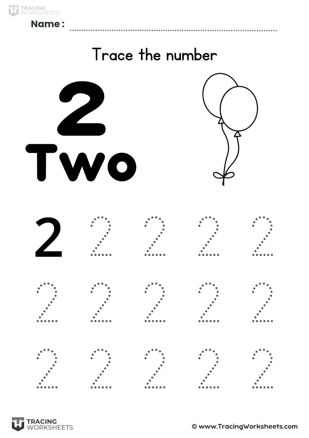 Dotted number 2 tracing practice
