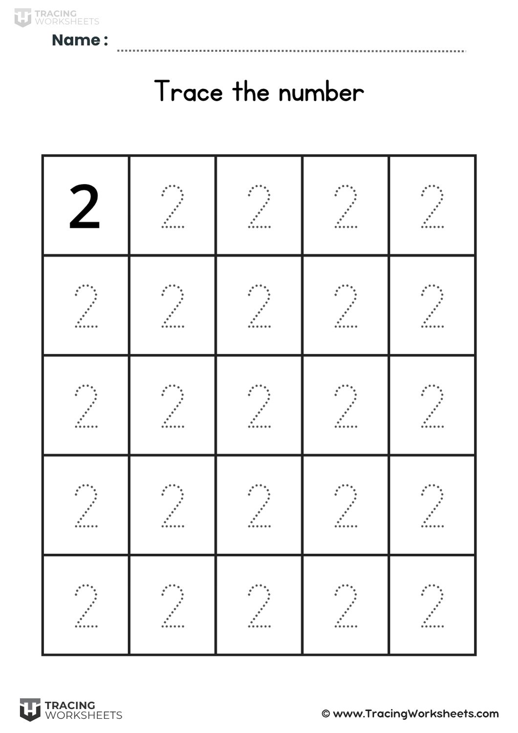Grid practice for tracing number 2