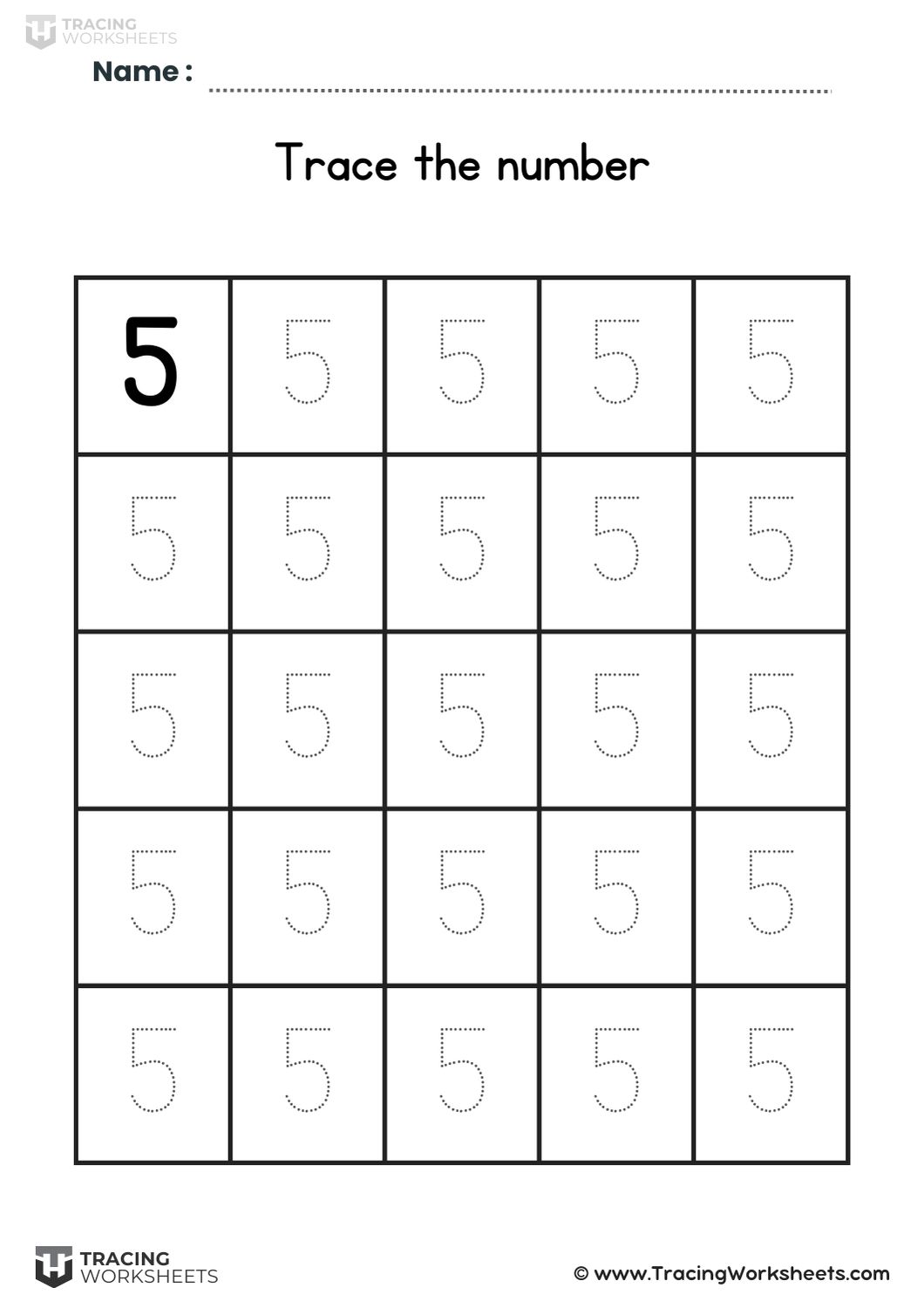 Grid practice for tracing number 5