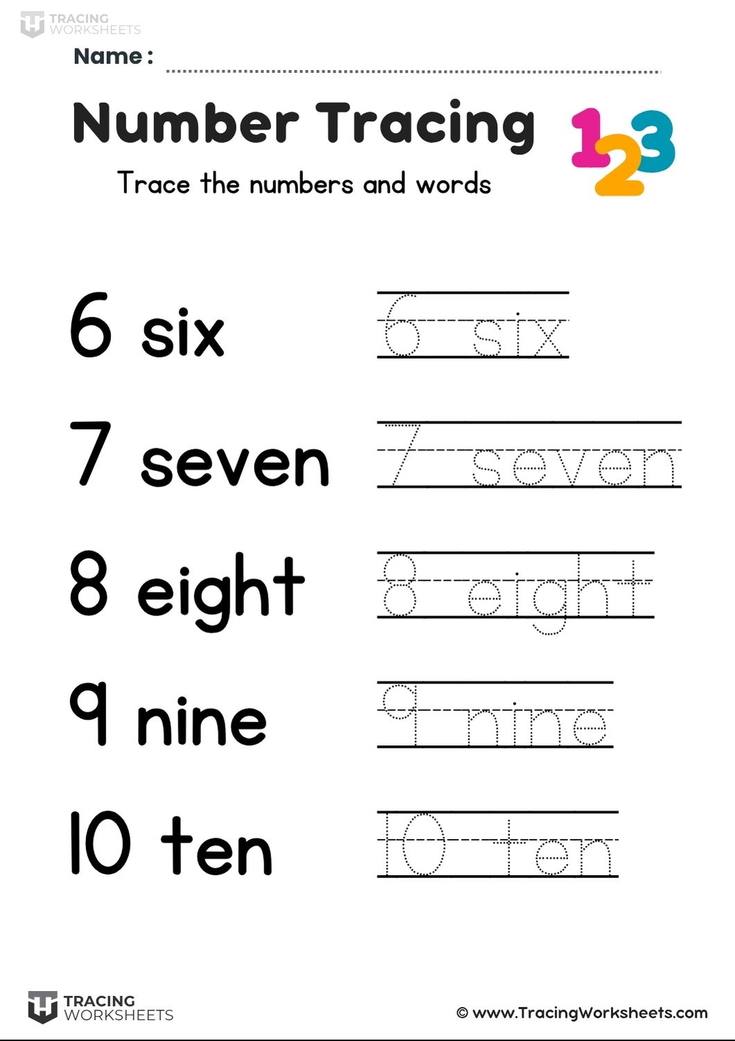 Lined numbers and words tracing worksheet 2