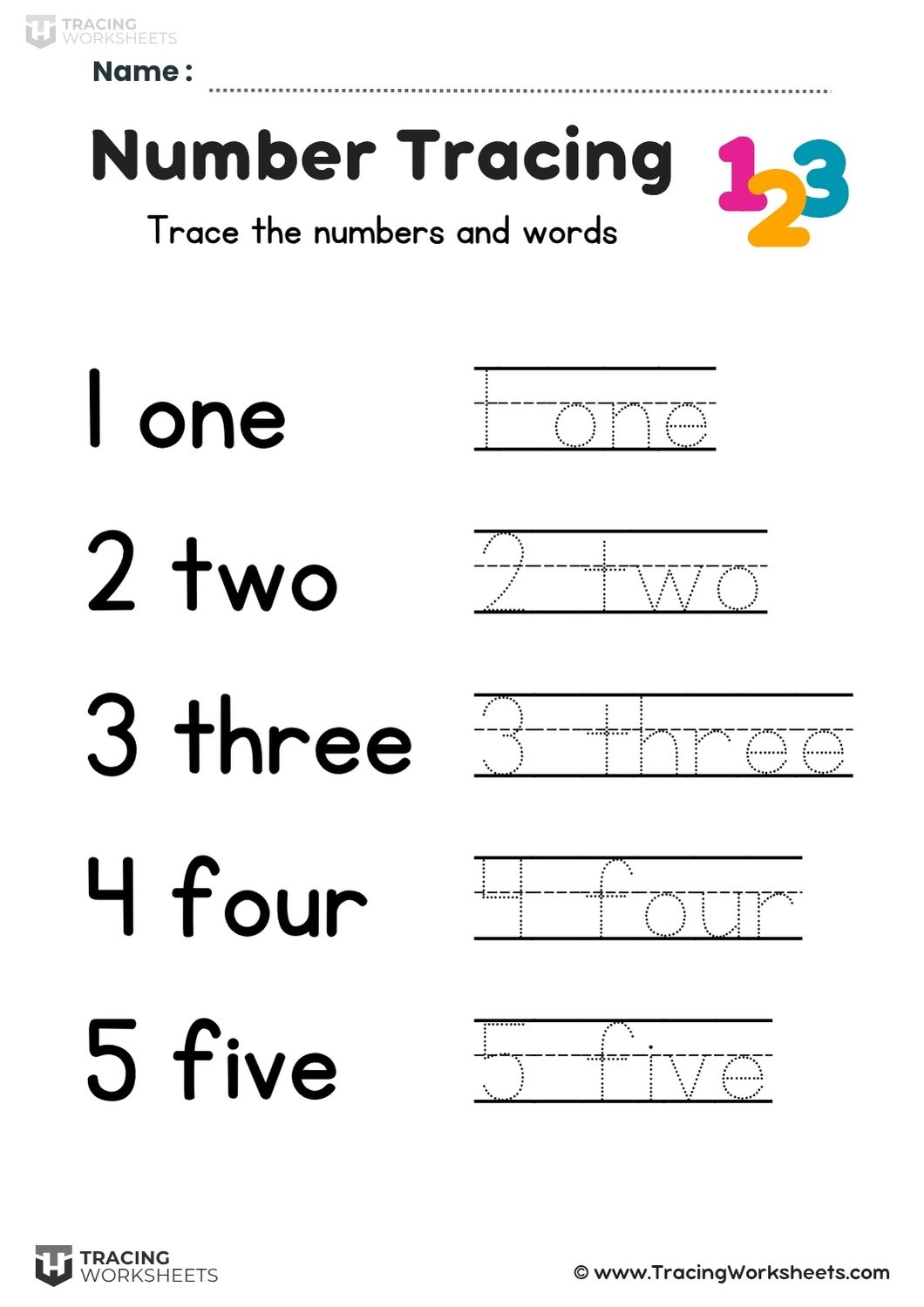 Lined numbers and words tracing worksheet