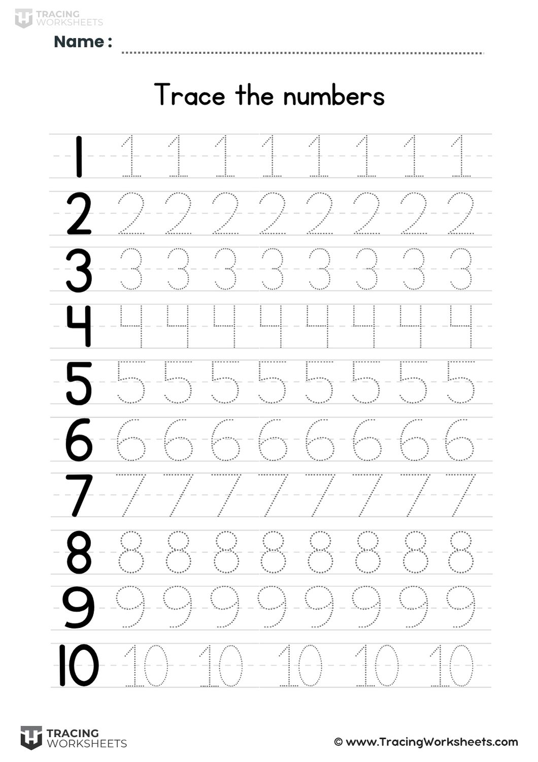 Number tracing repetition worksheet 1-10