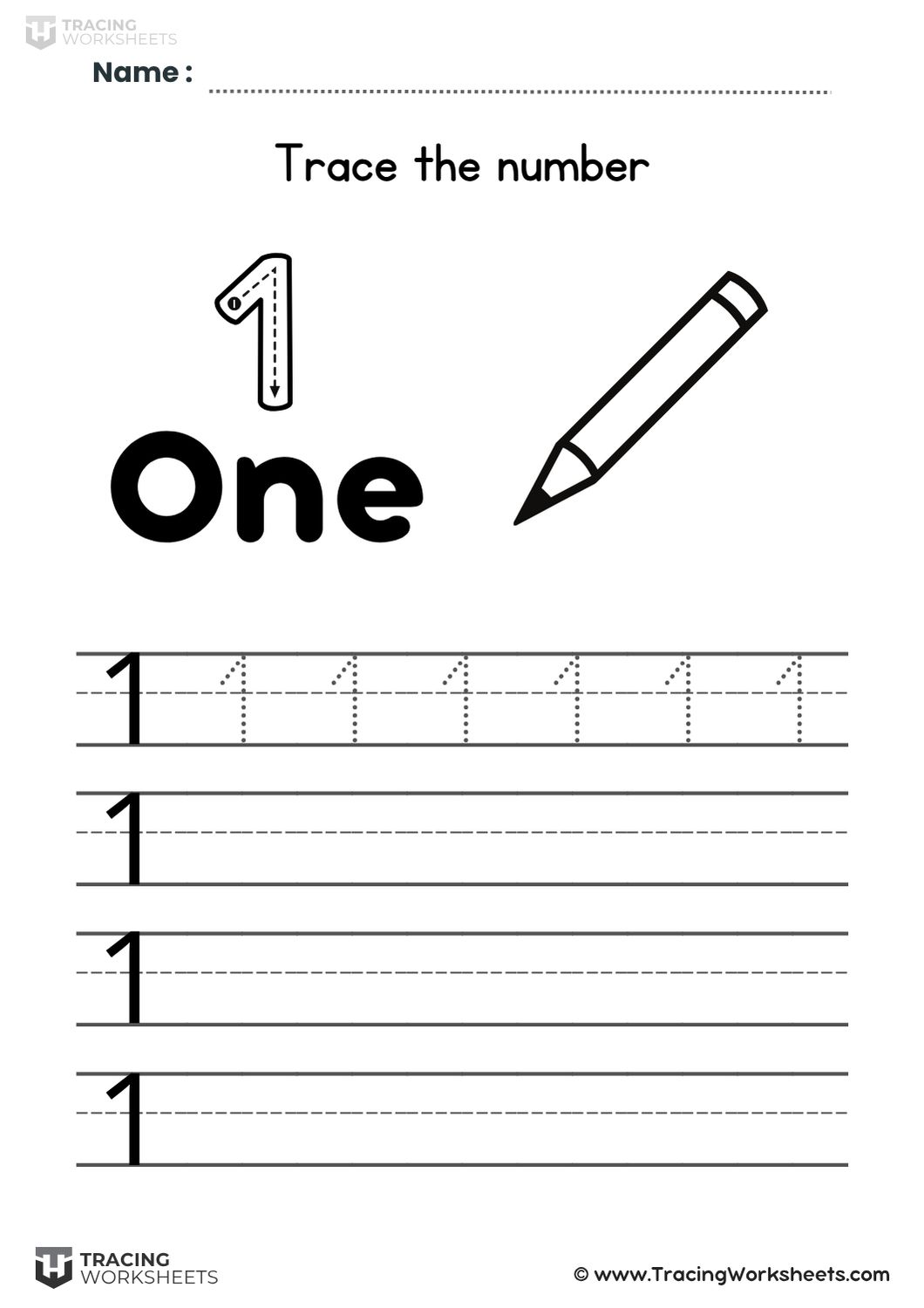 Trace and write number 1 worksheet
