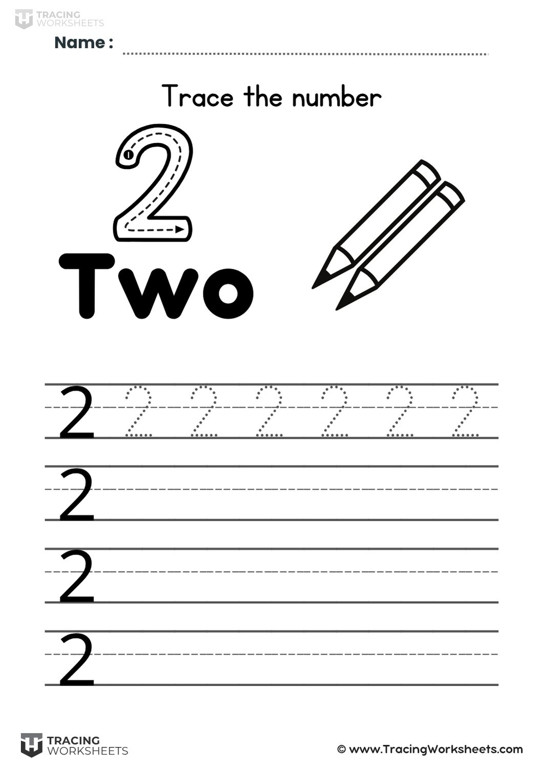 Trace and write number 2 worksheet