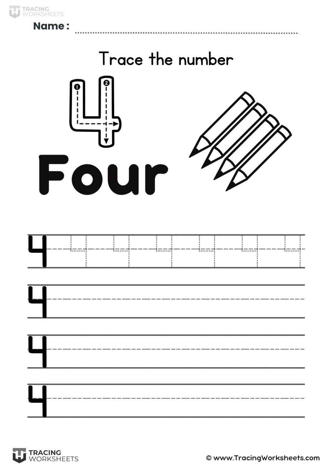 Trace and write number 4 worksheet