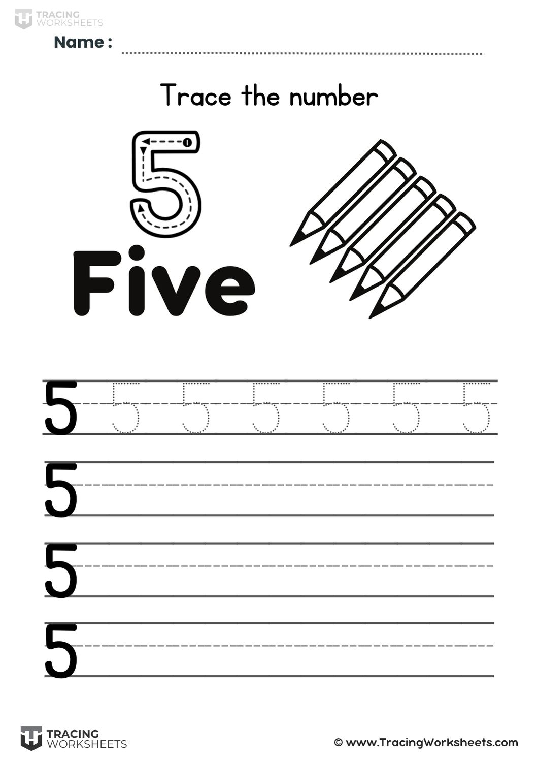 Trace and write number 5 worksheet