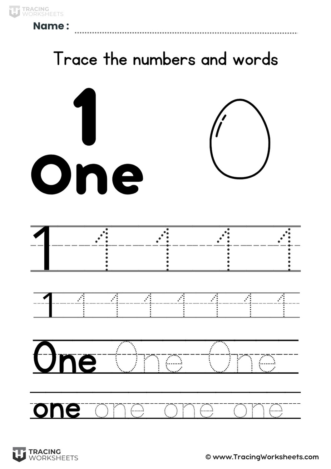 Trace number 1 and the word one with an egg