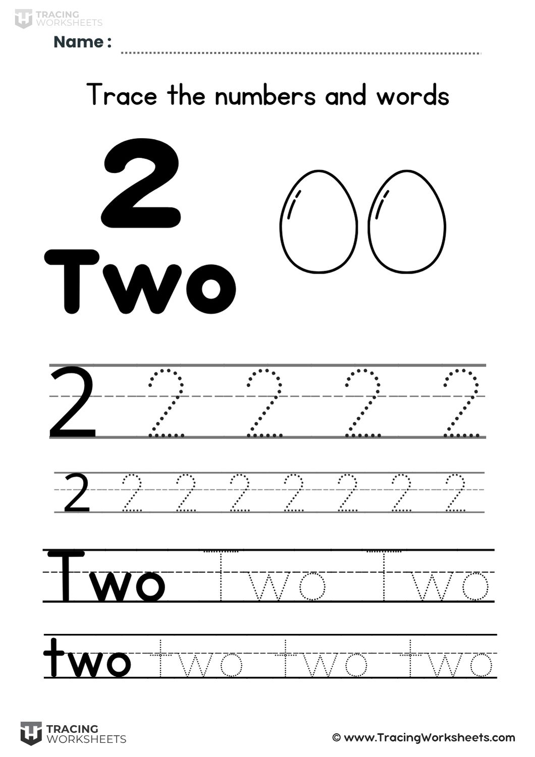 Trace number 2 and the word two with two eggs