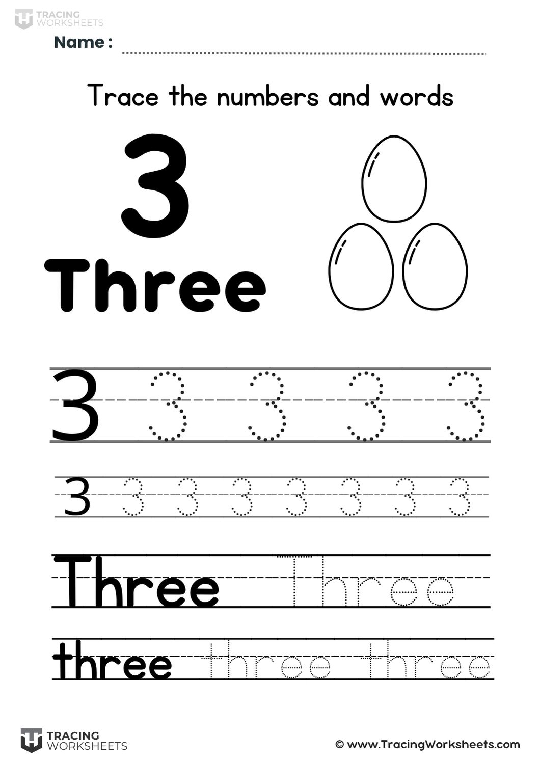 Trace number 3 and the word two with three eggs