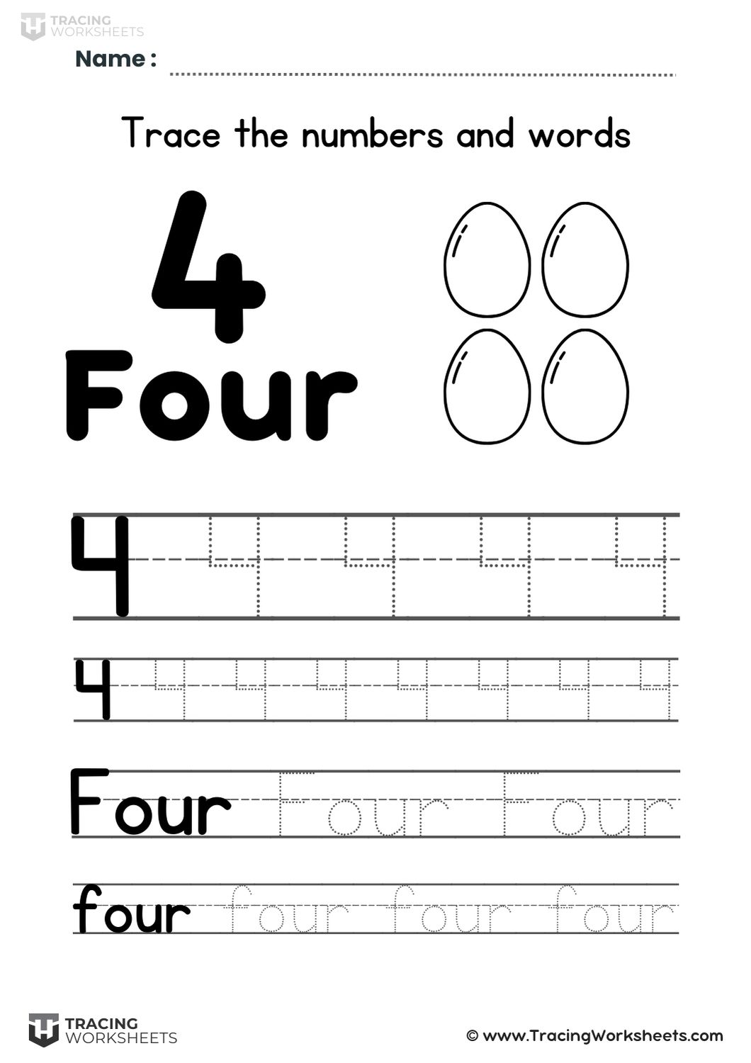 Trace number 4 and the word two with four eggs