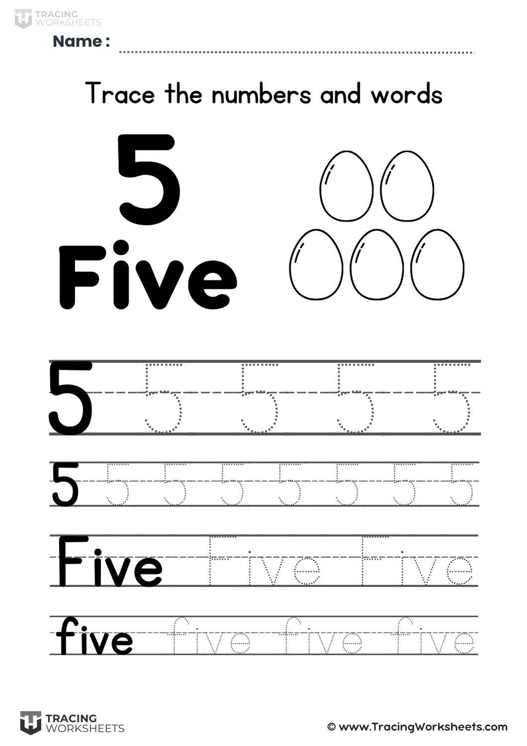Trace number 5 and the word five with five eggs