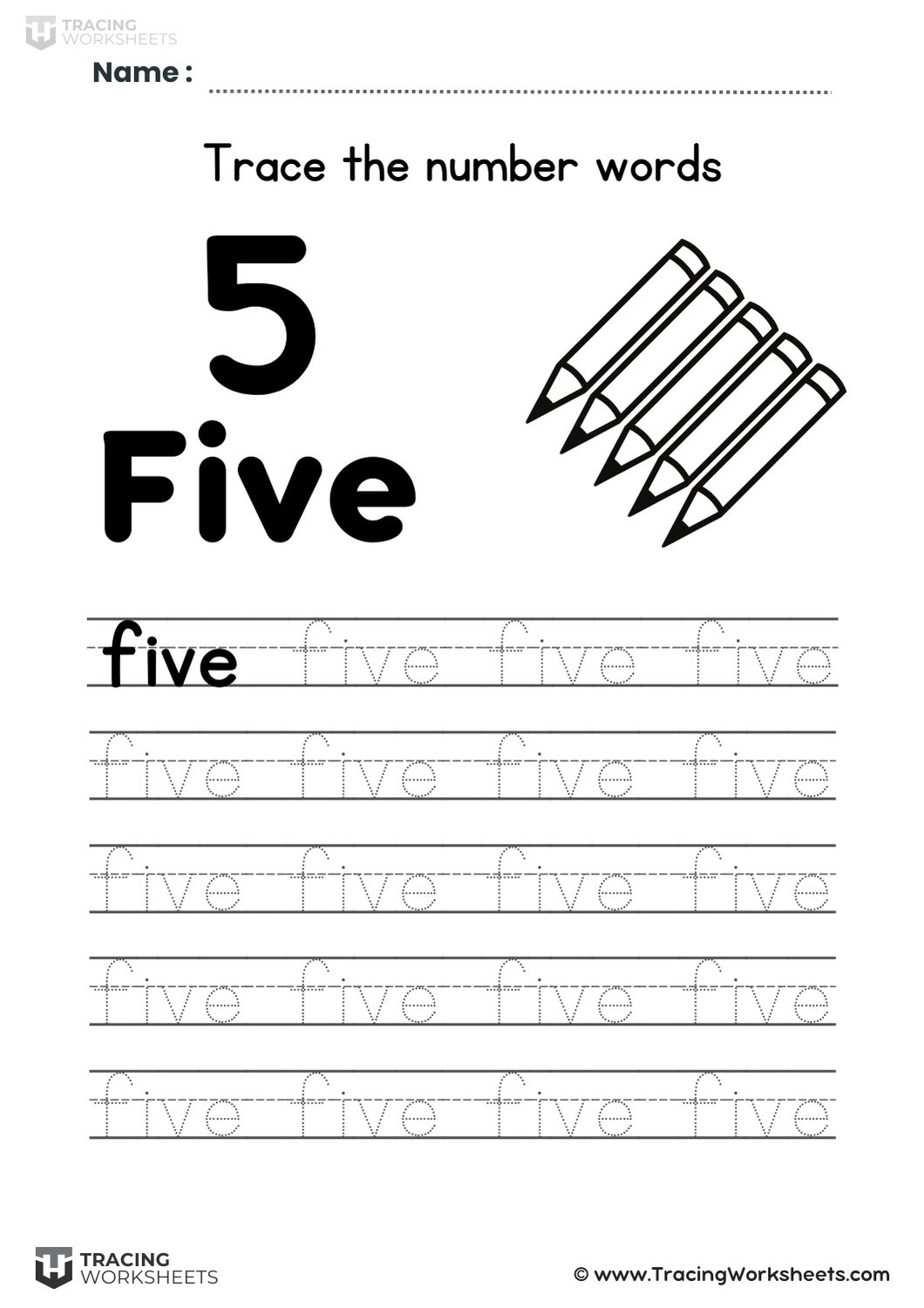 Trace the word five worksheet