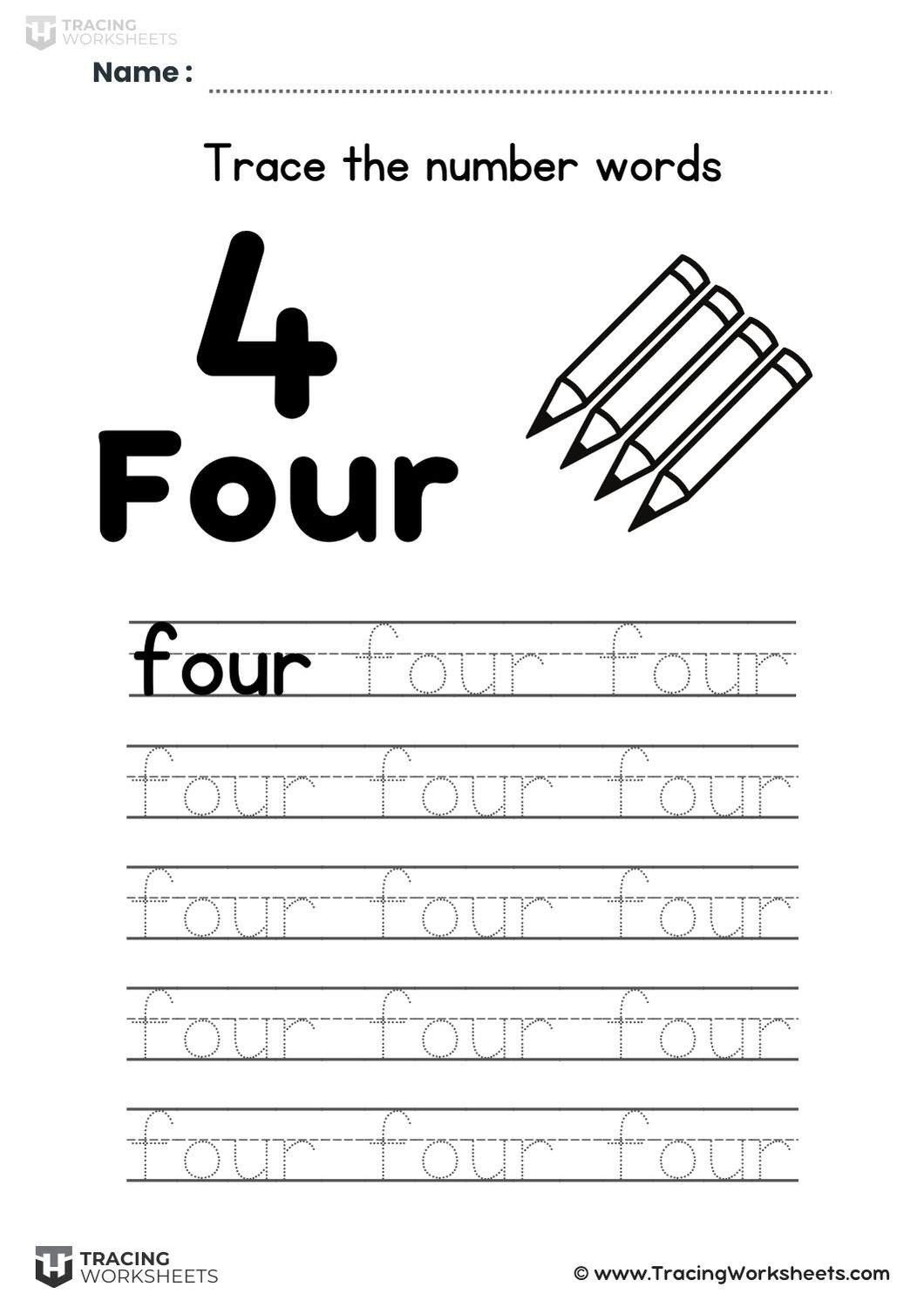 Trace the word four worksheet
