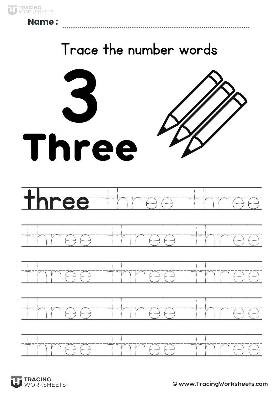 Trace the word three worksheet