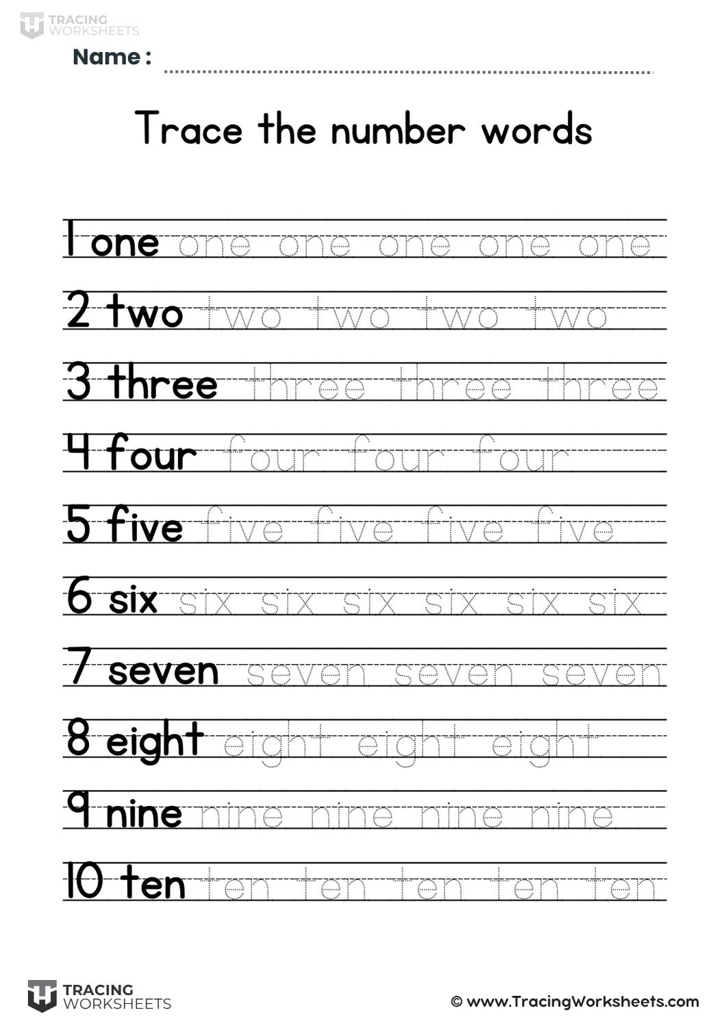 Tracing number words worksheet