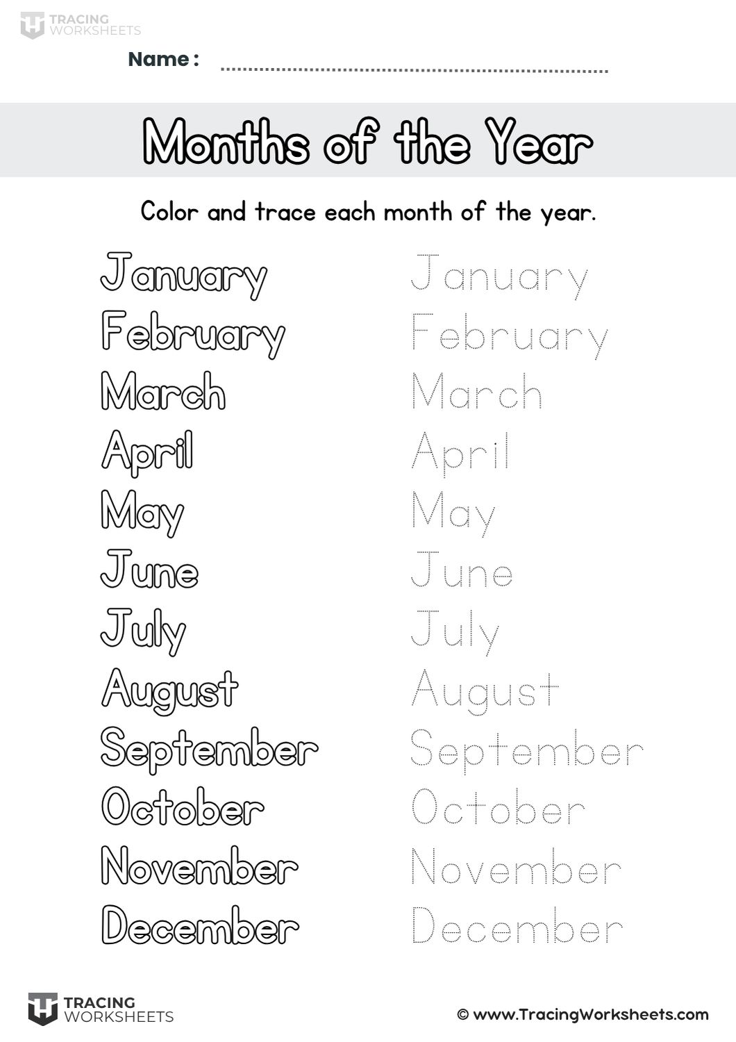 Color and trace the months worksheet