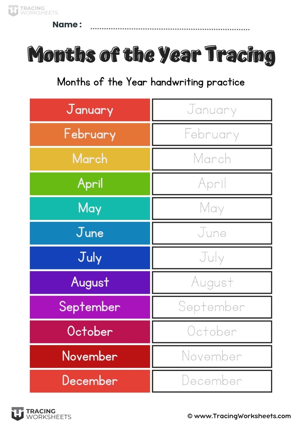 Colorful Months Tracing Chart