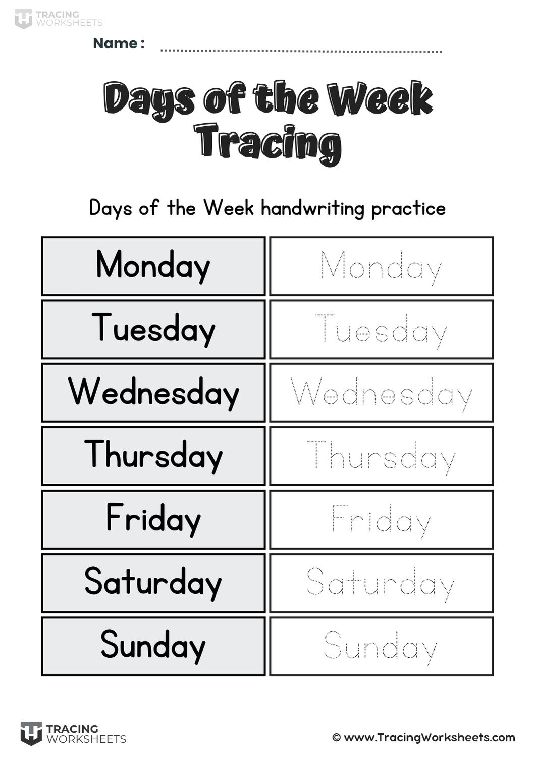 Days Tracing Chart