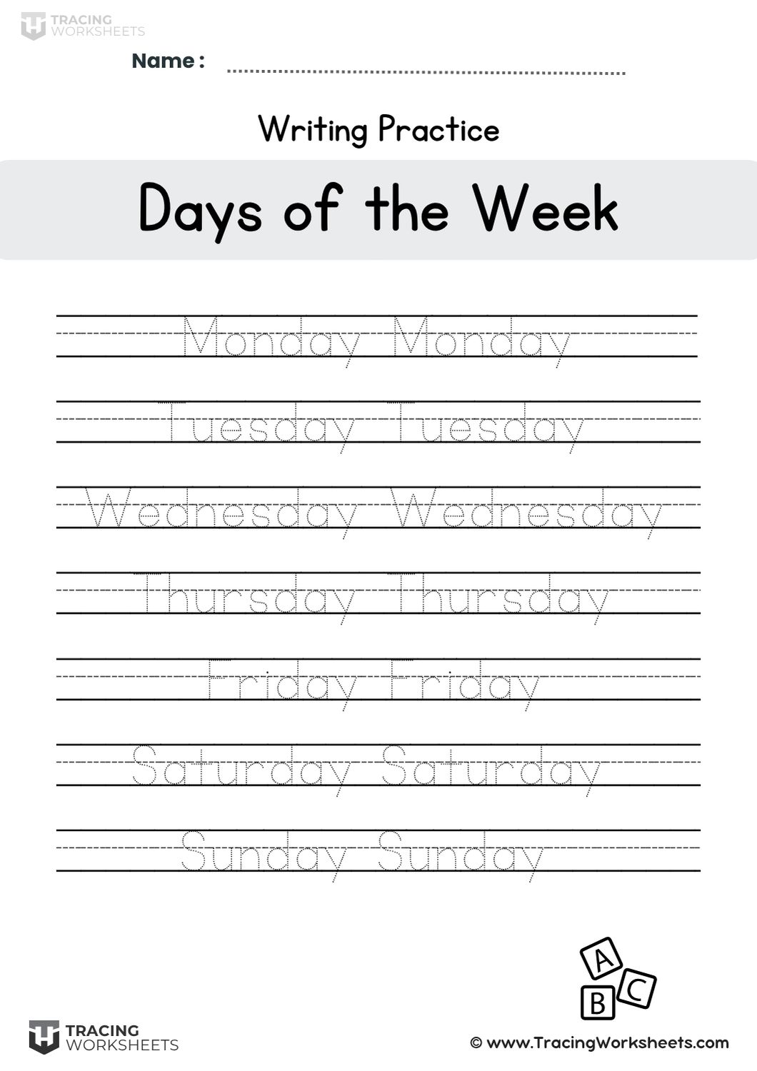 Days of the week Handwriting Practice