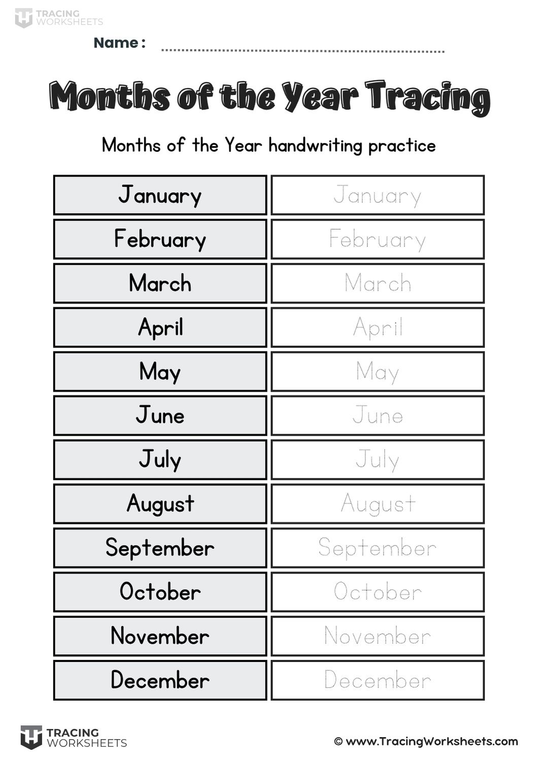 Months Tracing Chart