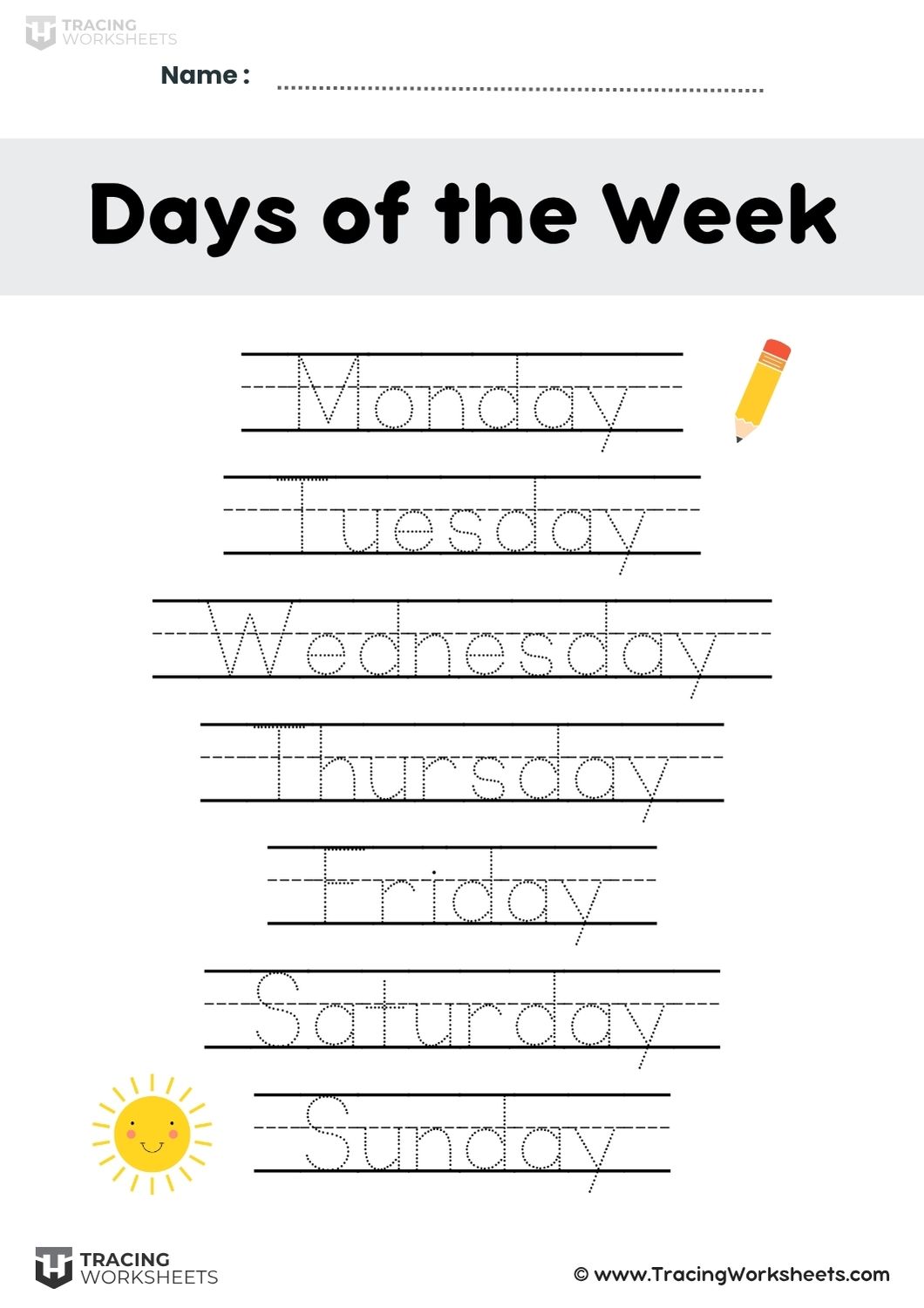 Simple days of the week tracing worksheet