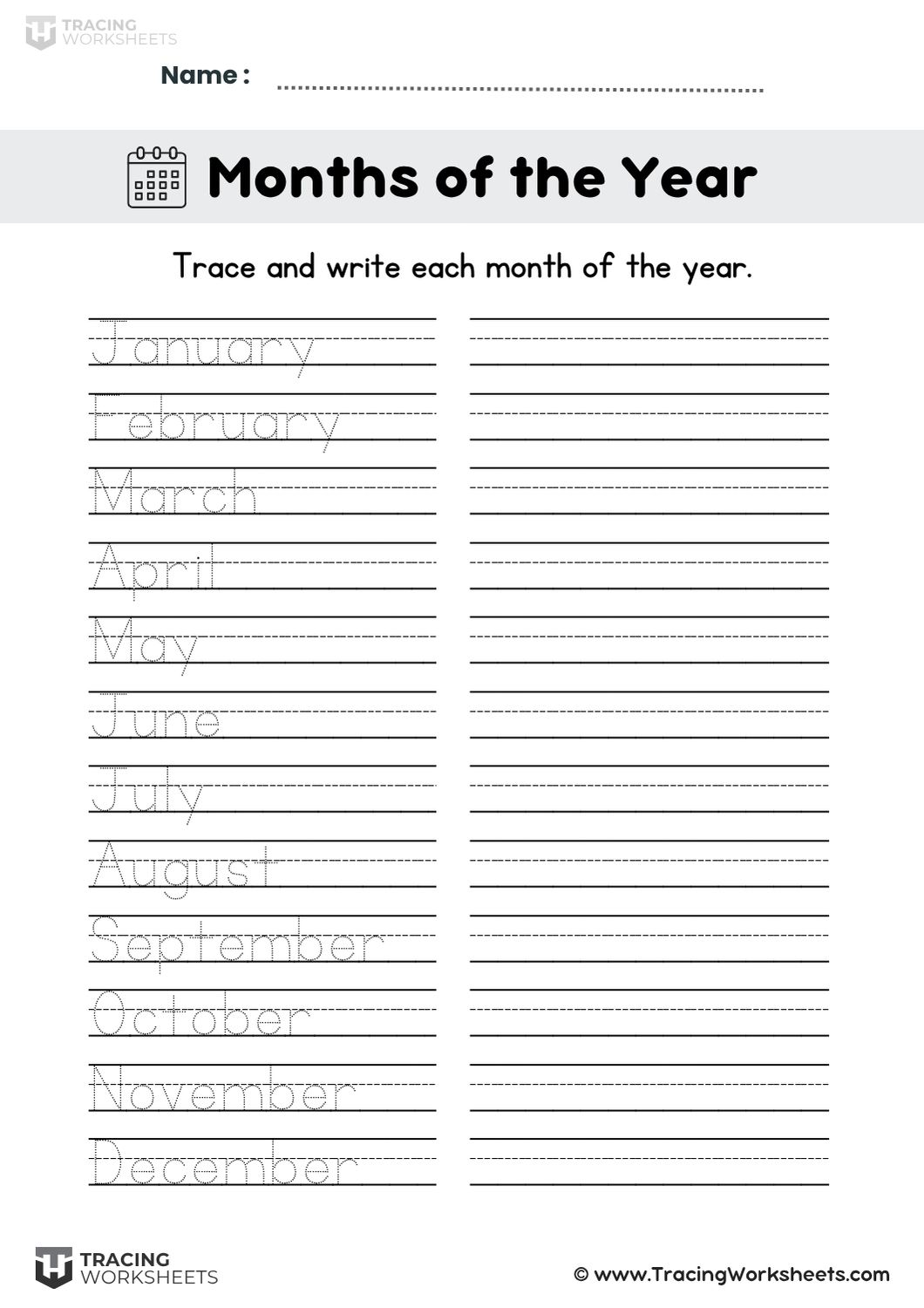 Trace and write months of the year worksheet