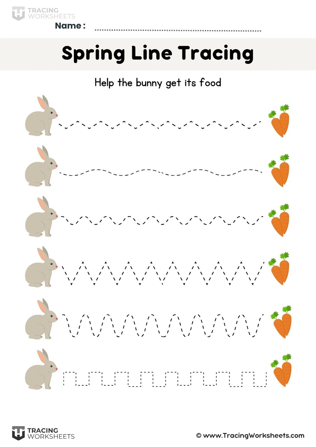 Educational "Spring Line Tracing" worksheet showing bunnies following dotted paths to reach carrots to help preschool children develop fine motor skills.