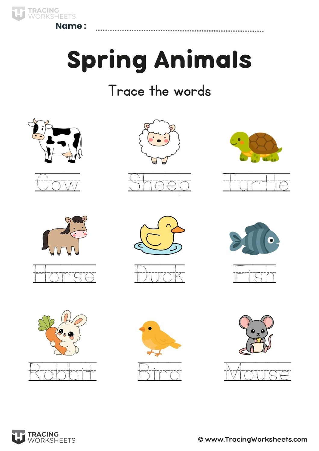 Spring Animal Word Tracing