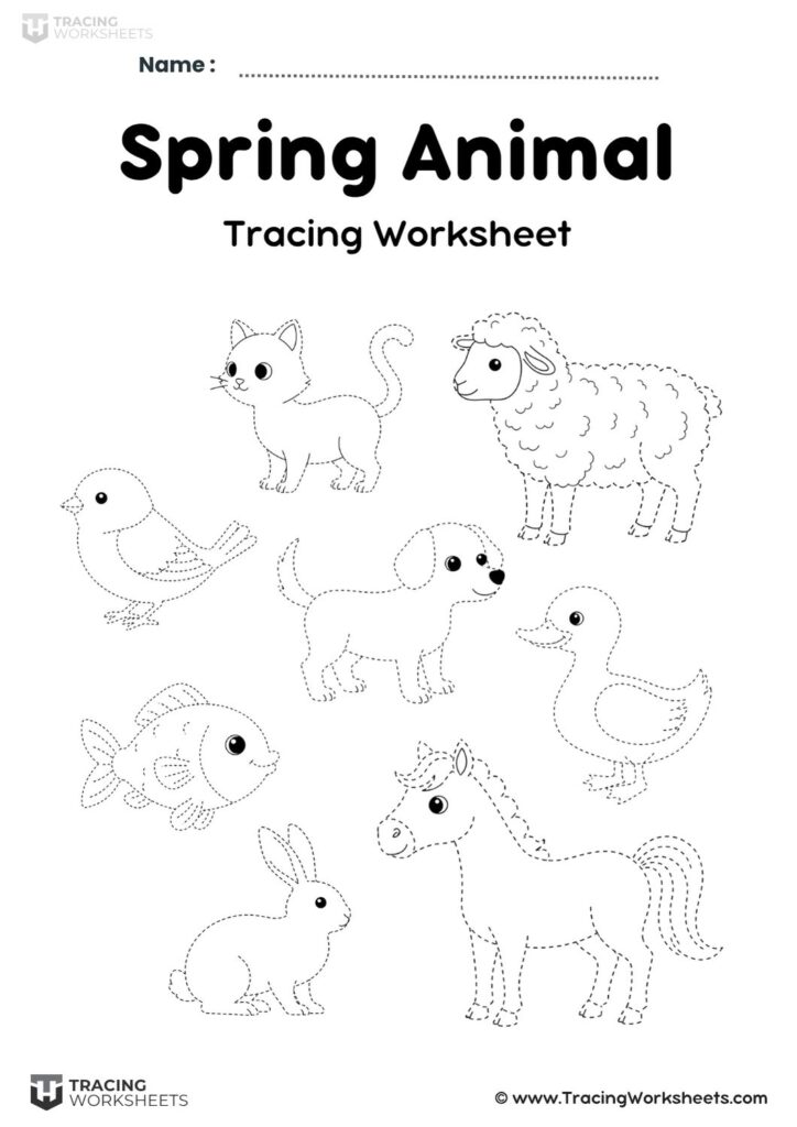 "Spring Animal Tracing Worksheet" providing black and white dotted outlines of a cat, puppy, bird, rabbit, and horse for children to trace and color.