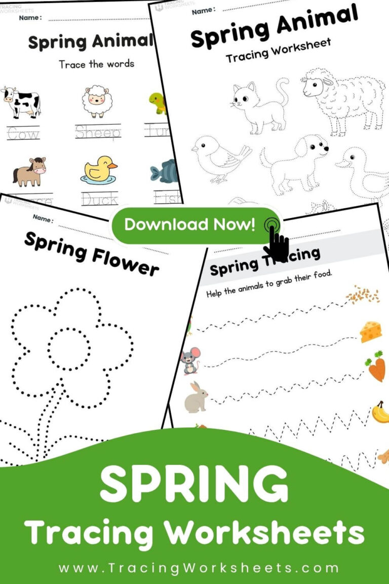 Preview of a "Spring Tracing Worksheets" collection from TracingWorksheets.com, showing various educational activities like tracing animal names, spring flowers, and helping animals find food.