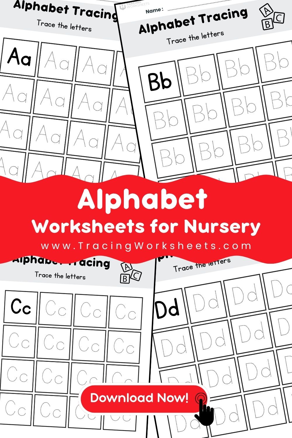 Printable alphabet tracing worksheets for nursery featuring uppercase and lowercase letters inside box grids for structured practice.