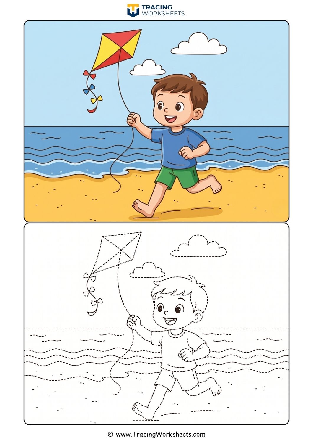 Beach Kite Flying Tracing and Coloring Page Free printable summer kite flying tracing page and beach coloring worksheet showing a happy boy running on the sand.