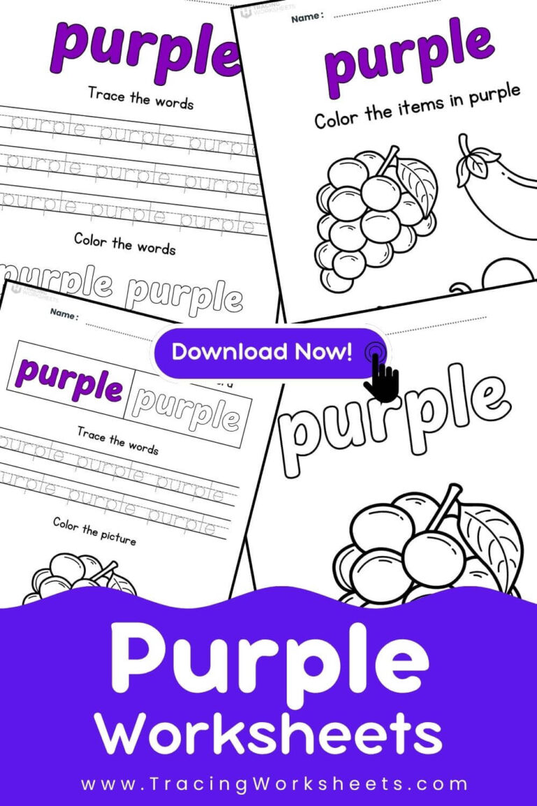 A promotional collage for the "Purple Color Worksheets" set from TracingWorksheets.com, displaying various printable activities and a prominent purple "Download Now" button.