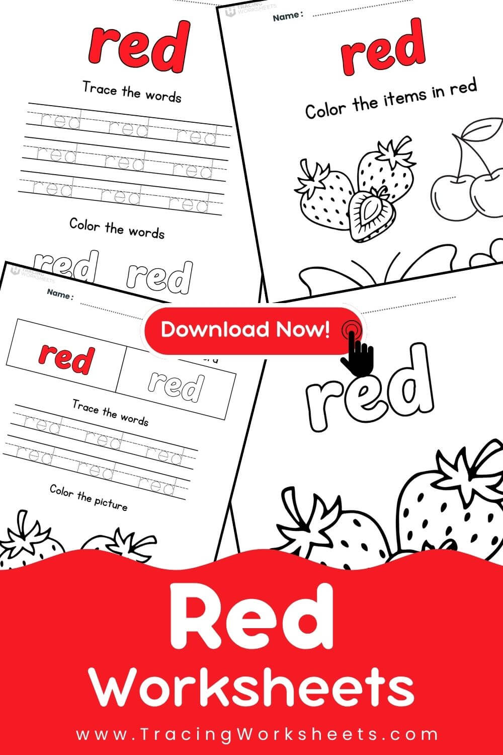 Color Red Worksheets A promotional collage for the "Color Red Worksheets" set from TracingWorksheets.com, displaying various printable activities and a prominent red "Download Now" button.