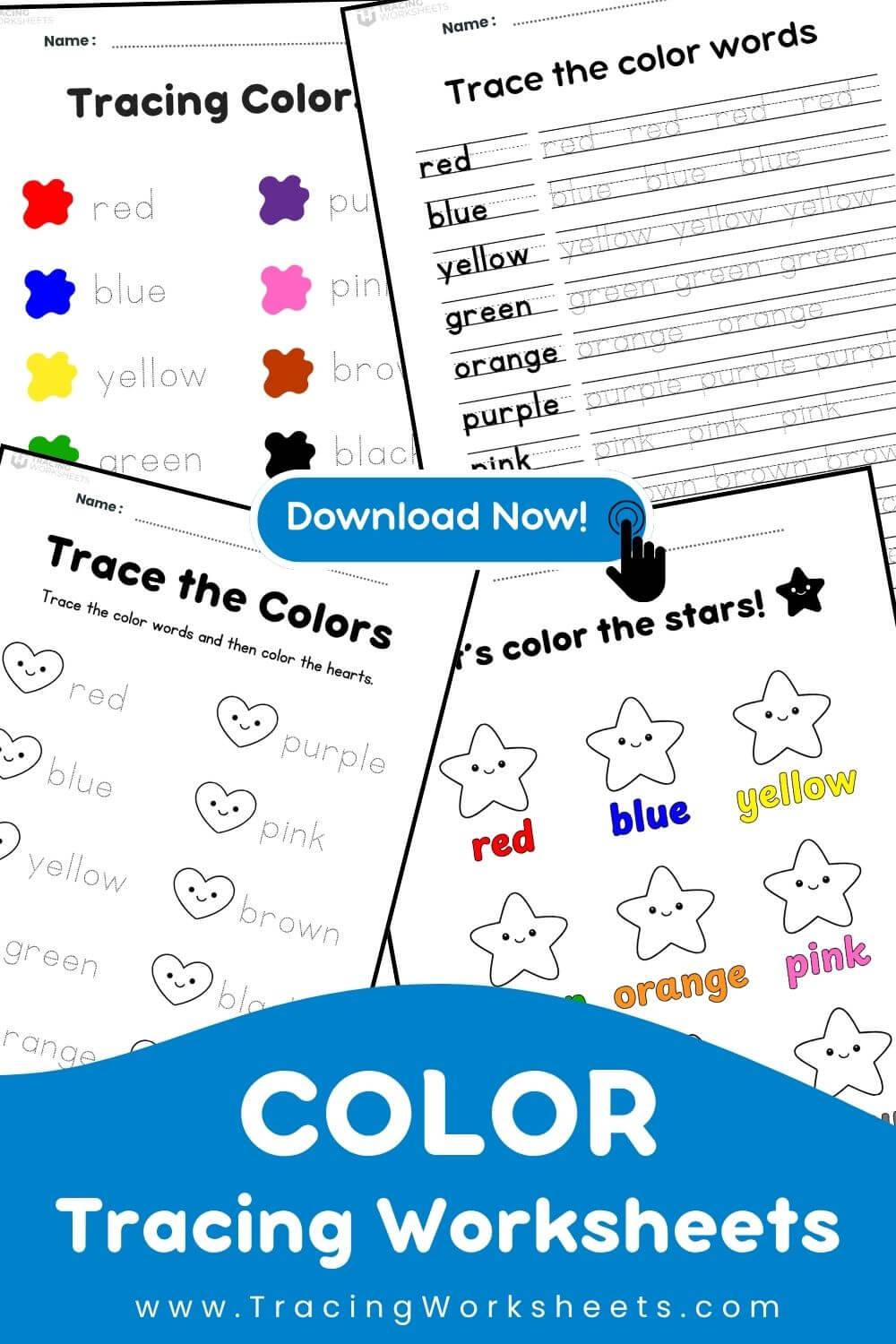 Color Tracing Worksheets A promotional collage for "Color Tracing Worksheets" from TracingWorksheets.com, displaying various printable activities including star coloring, heart tracing.