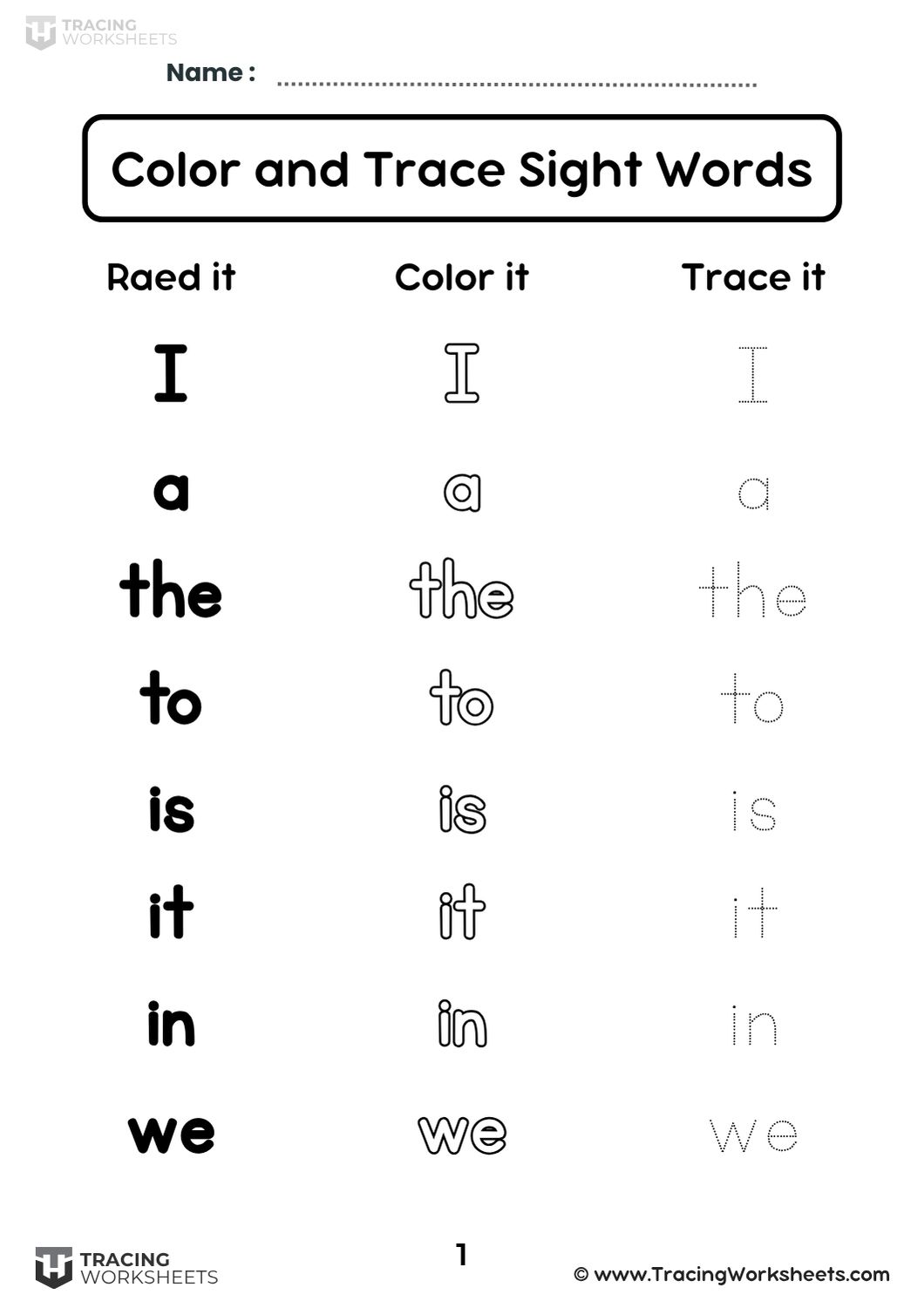 Color and Trace Sight Words For Preschool Color and Trace Sight Words For Preschool