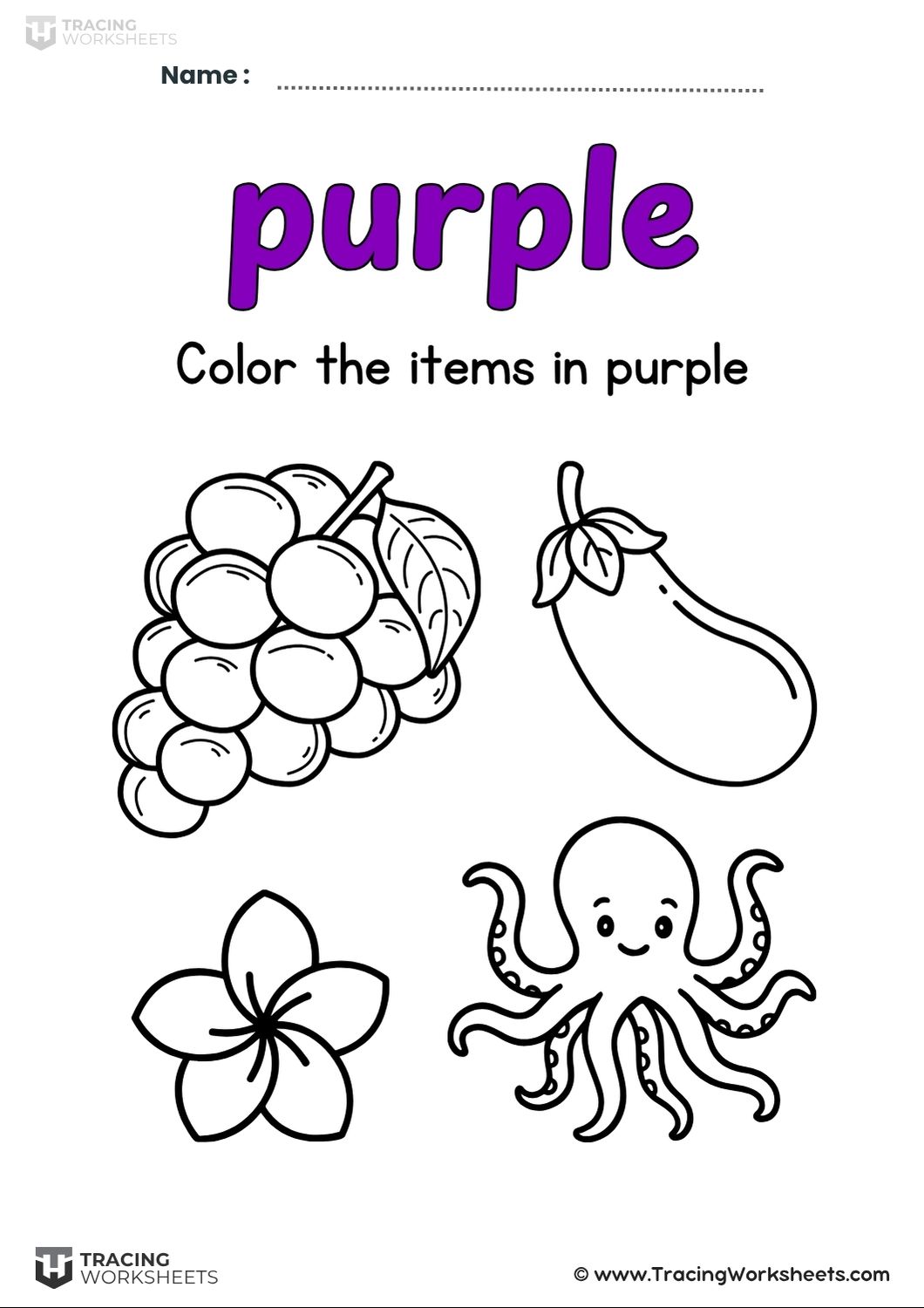 Color the Items Purple An educational activity page titled "Color the items in purple" featuring black and white outlines of a bunch of grapes, an eggplant, a flower, and a cute octopus.