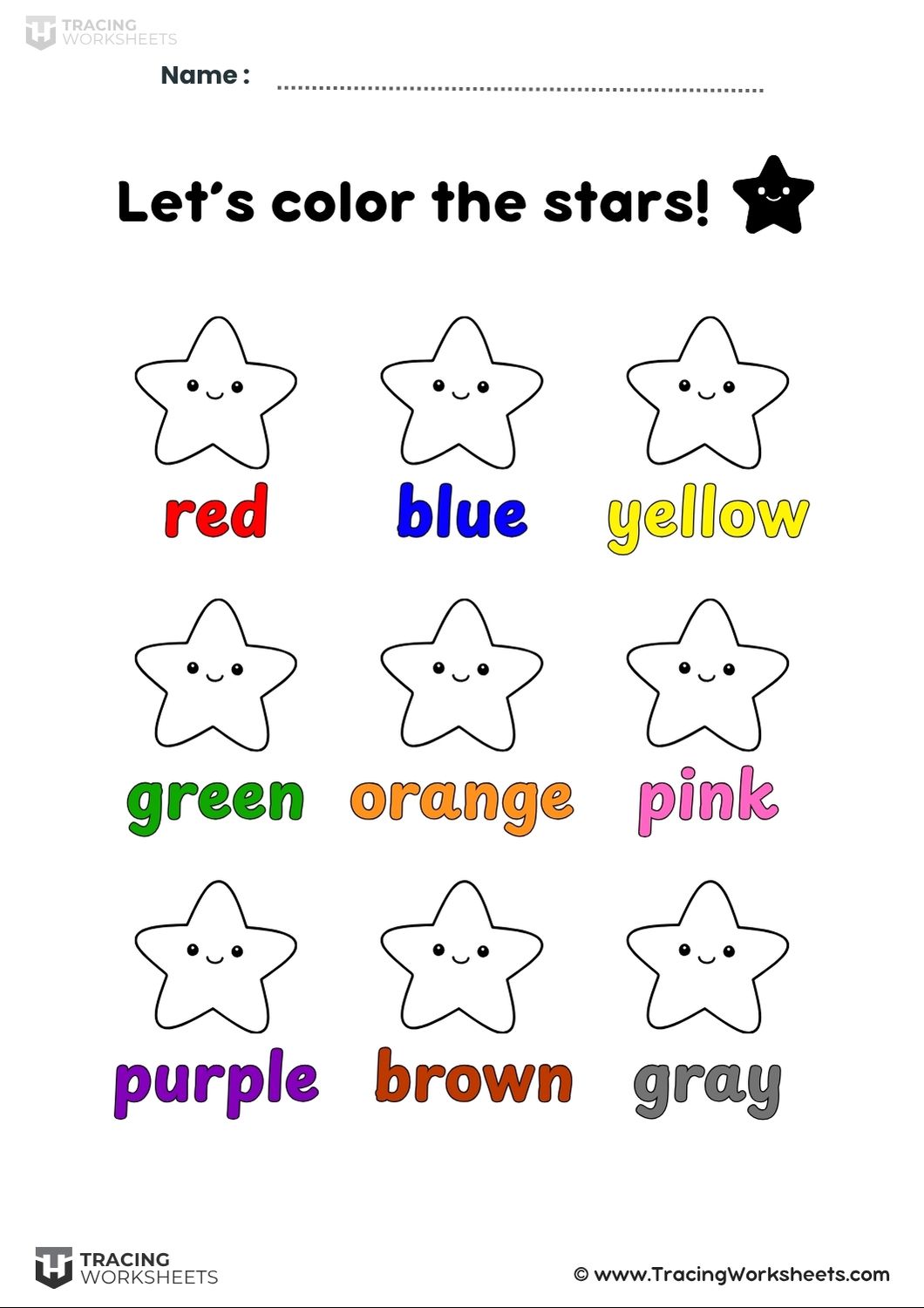A fun "Let’s color the stars!" worksheet featuring nine smiling star outlines, each with a specific color name written below in its matching color (red, blue, yellow, etc.).