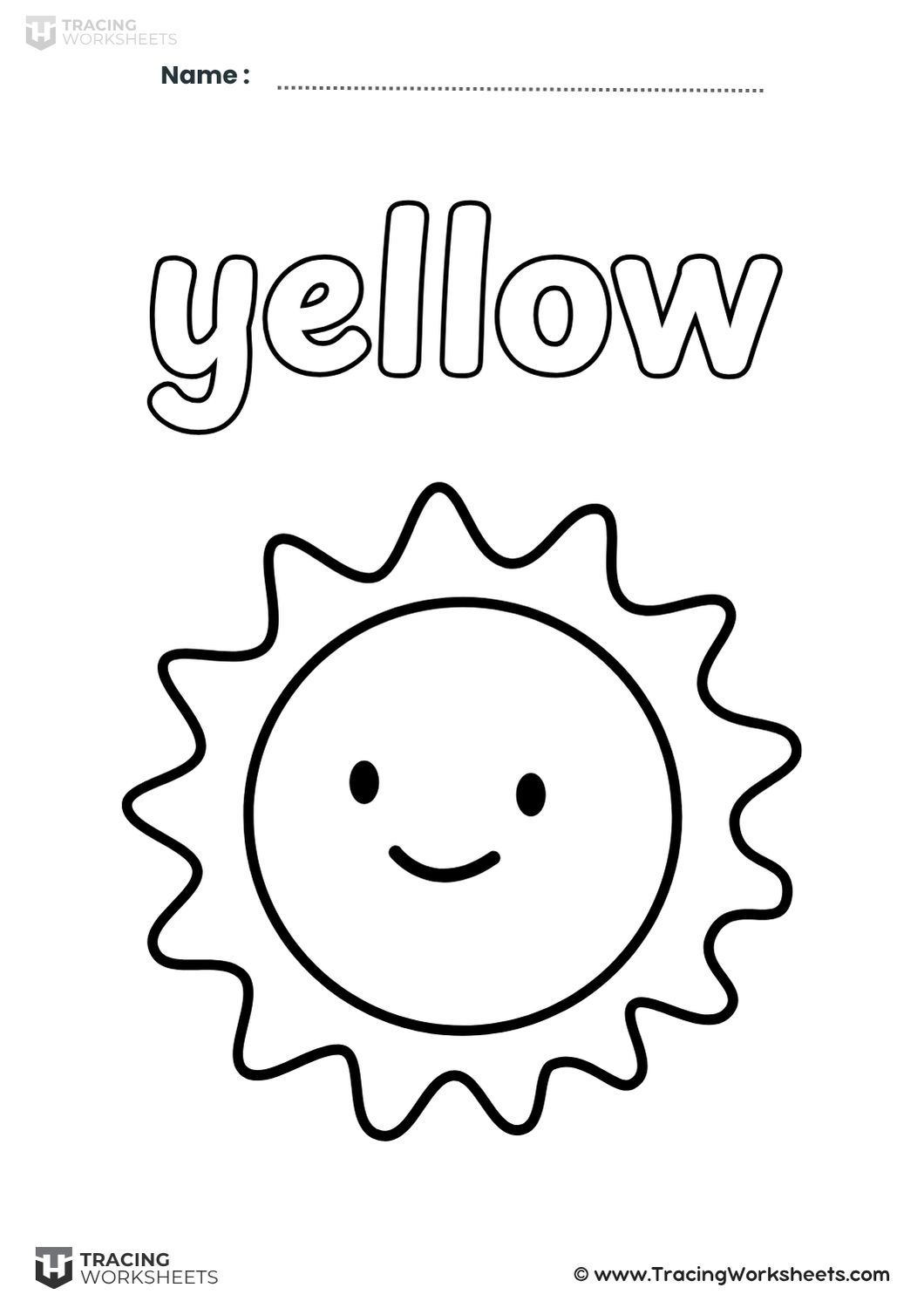 Coloring page of the sun in yellow A simple learning printable featuring the word "yellow" in a large bubble-letter font above a big, happy sun outline for early learners to color.