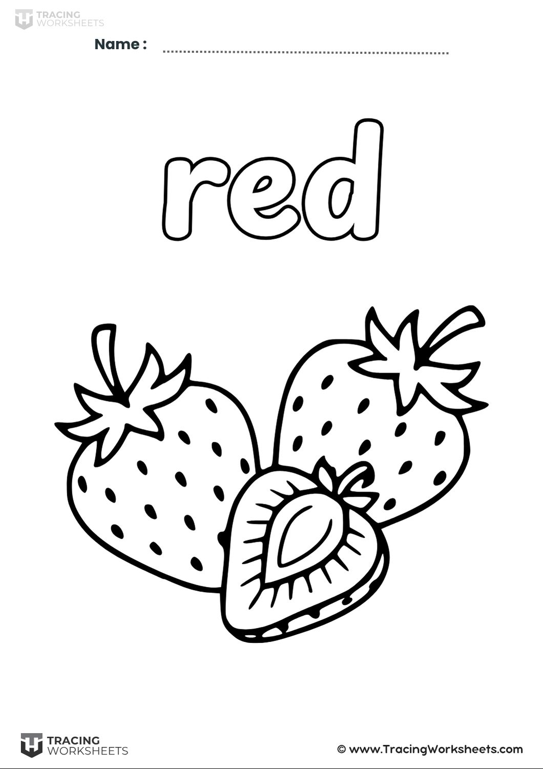 Coloring the red word An educational printable featuring a large "red" bubble-letter heading and a detailed illustration of strawberries for kids to color.
