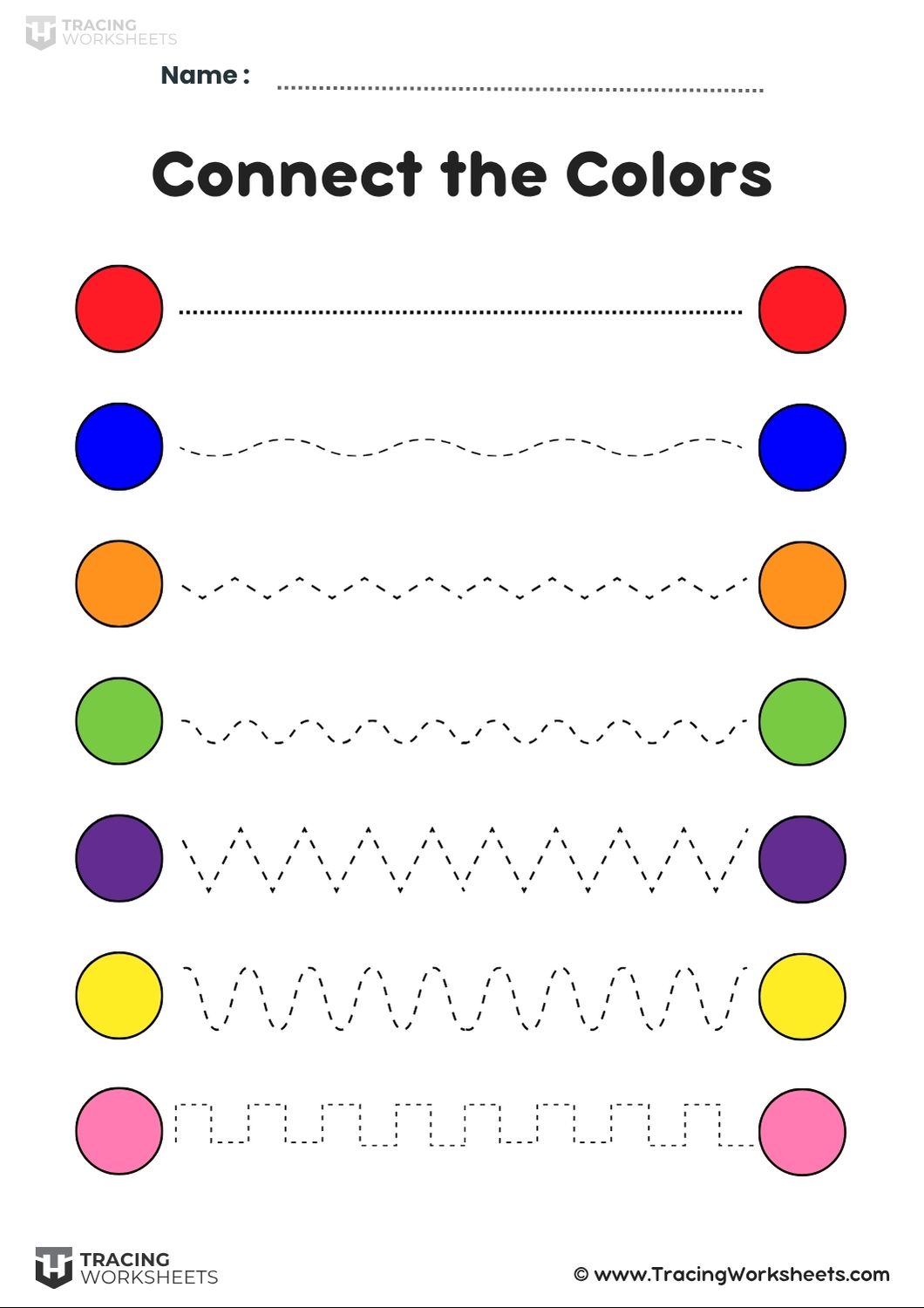 worksheet where kids draw lines between matching colored circles using different dotted path patterns like zigzags and waves.