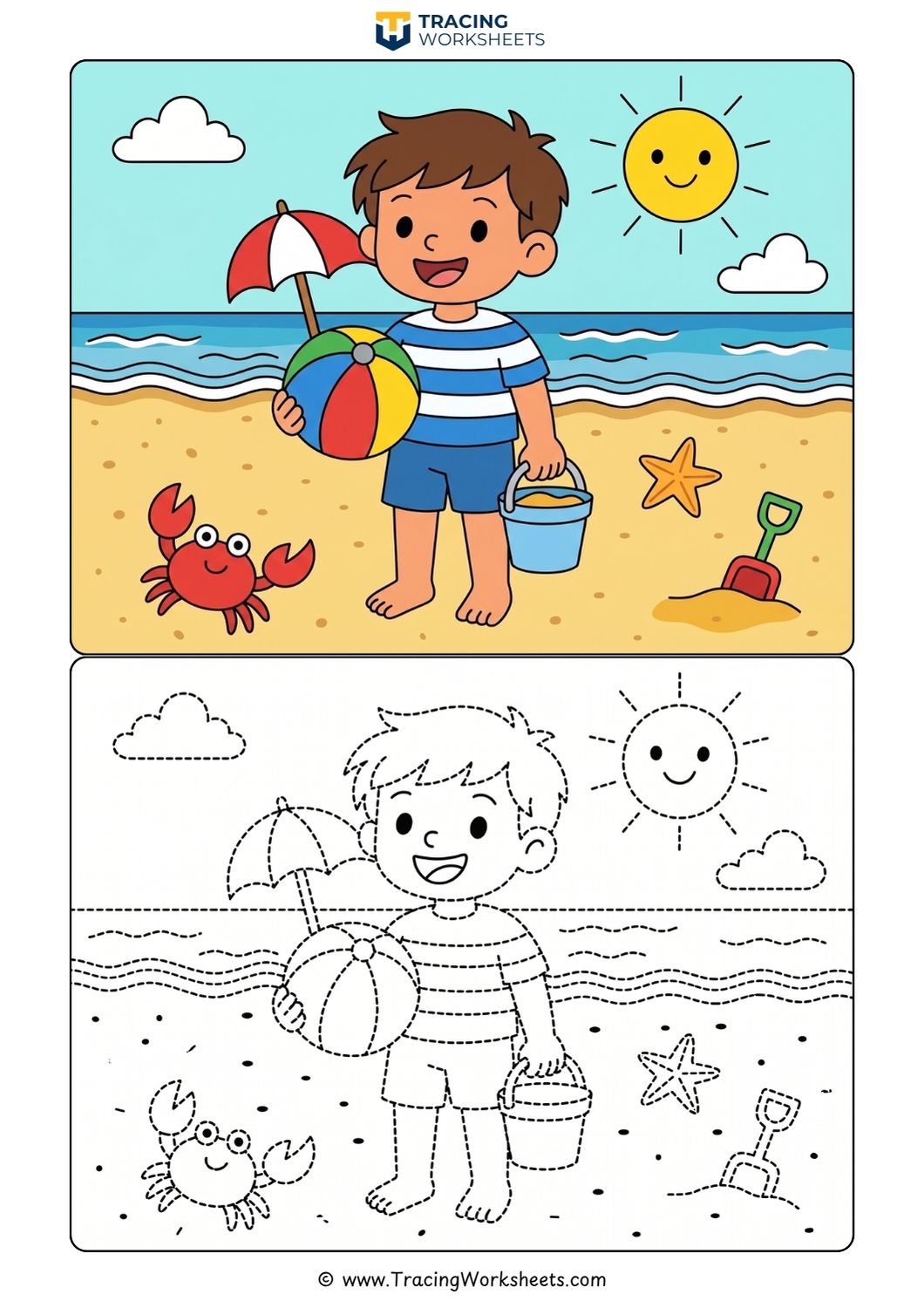 Fun Beach Day Tracing Coloring Worksheet Preschool summer tracing worksheet featuring a young boy holding a colorful beach ball and a cute red crab on the sand.