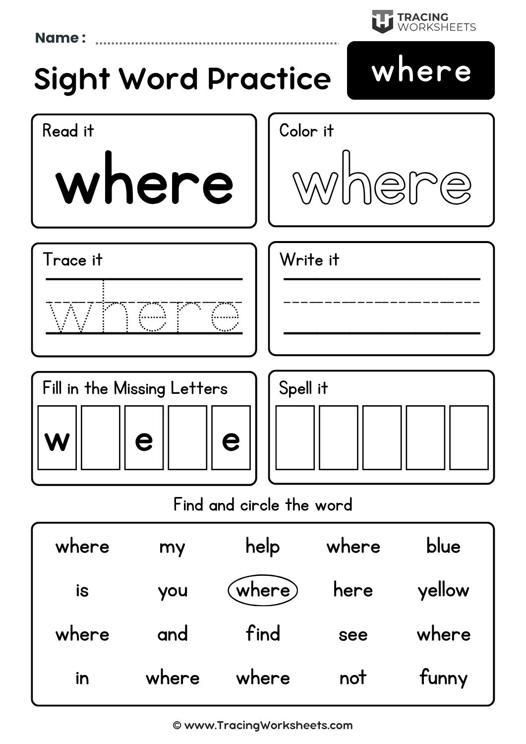 Preschool Sight Word where Worksheet 1 Preschool Sight Word where Worksheet