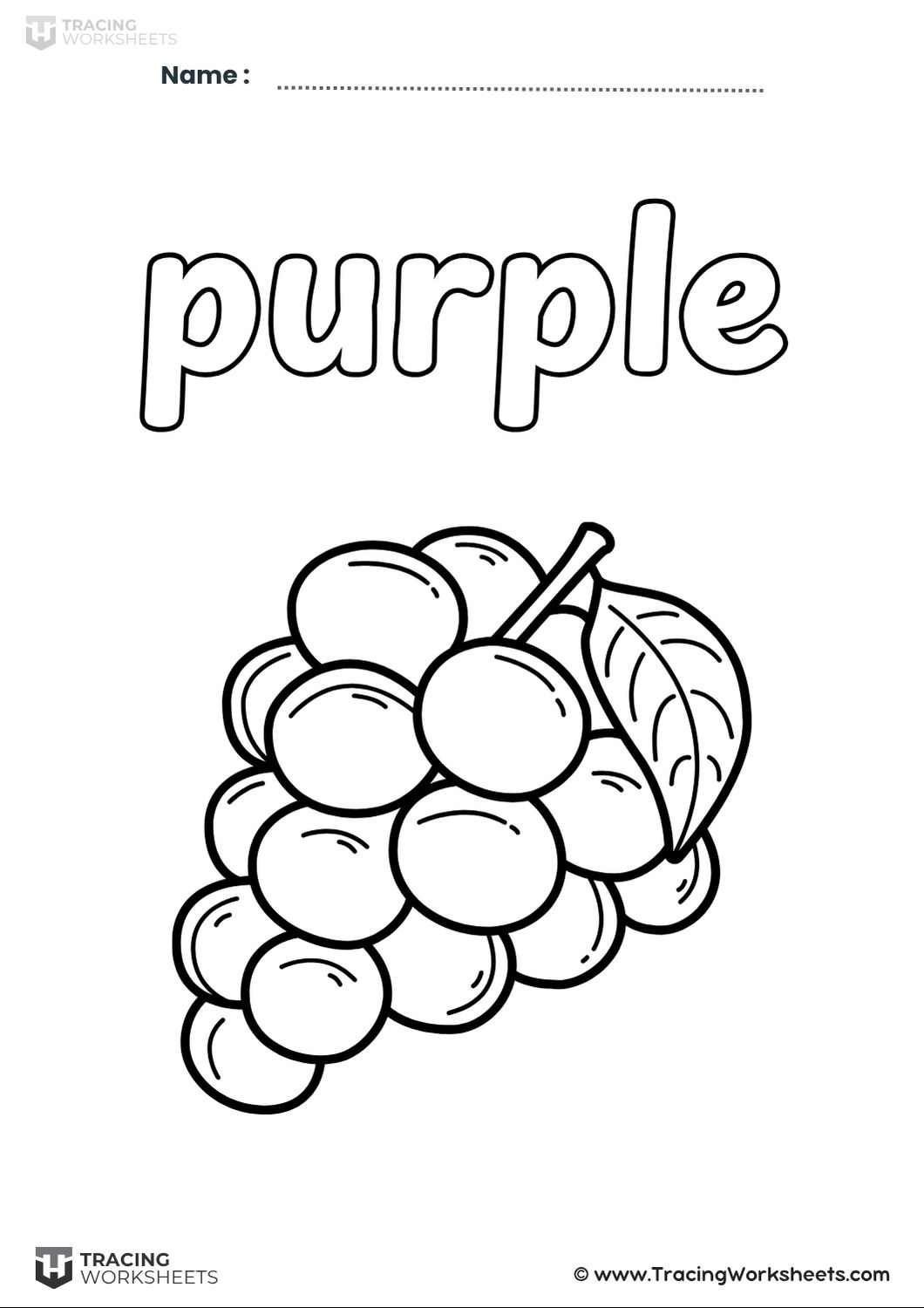 Purple Word Coloring Page A simple learning printable featuring the word "purple" in a large outline font above a bunch of grapes for early learners to color.