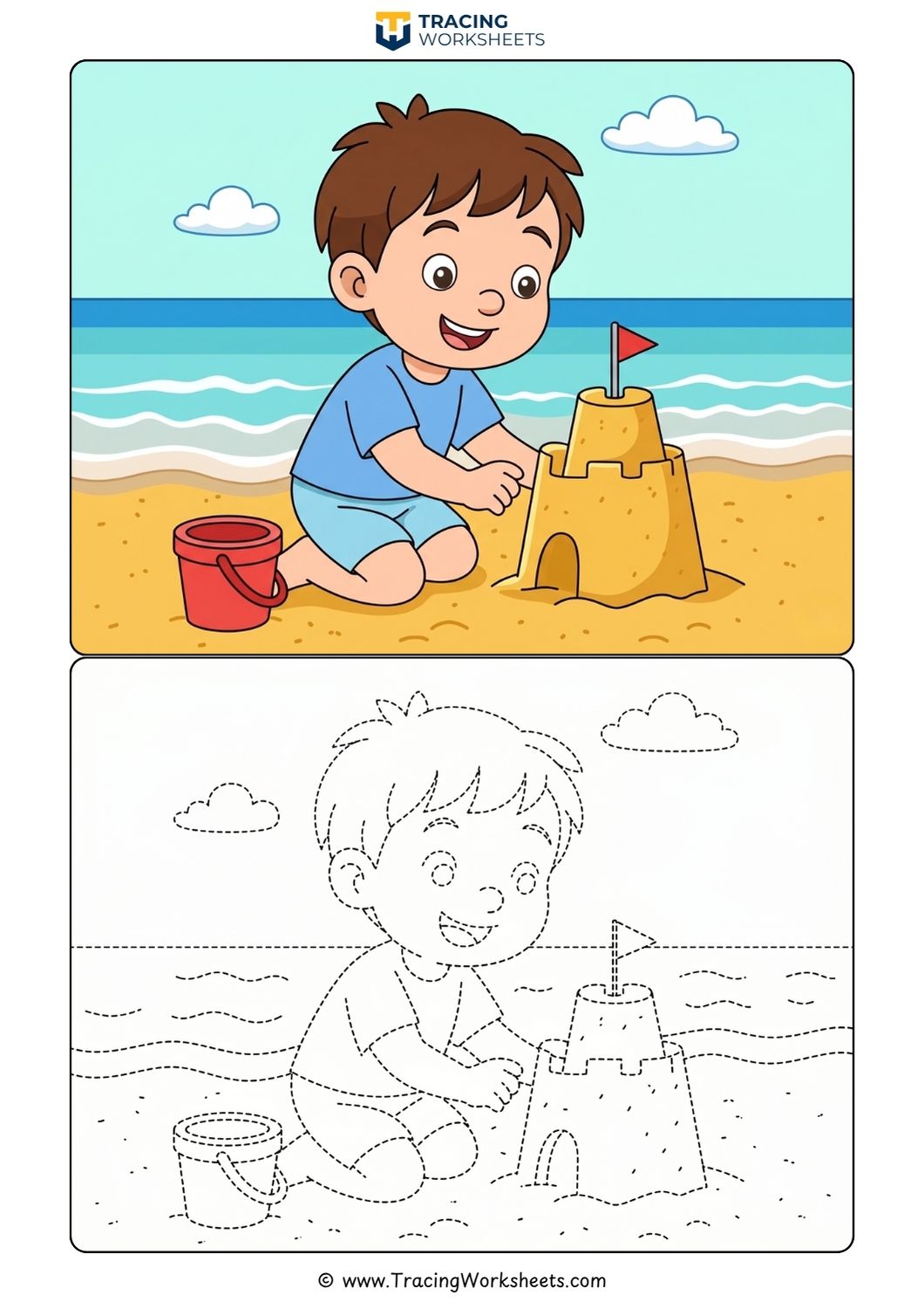 Sandcastle Building Tracing Printable Printable sandcastle tracing worksheet and beach coloring page with a boy building a sandcastle by the ocean.