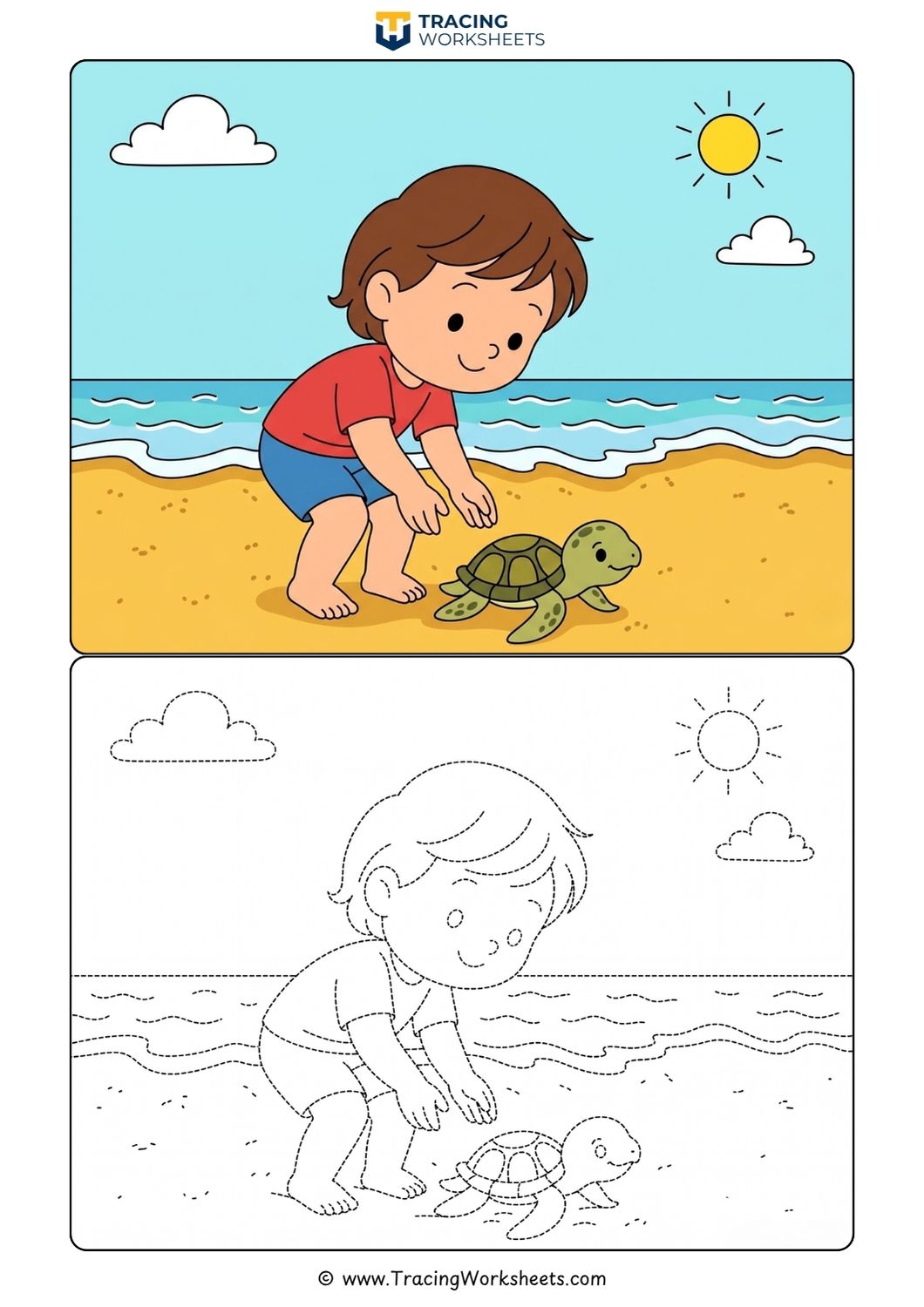 Sea Turtle Beach Tracing Worksheet Cute sea turtle tracing page and summer beach activity sheet for early childhood fine motor skills development.