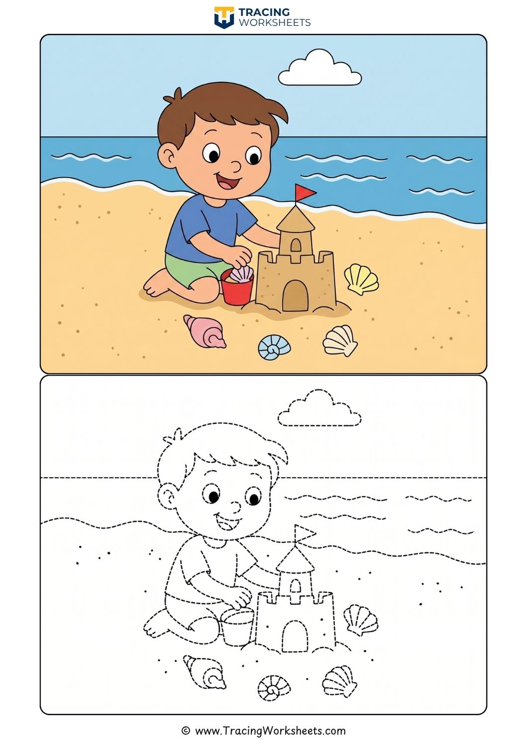 Seashells and Sandcastle Tracing Activity Fine motor sandcastle tracing activity and ocean life coloring sheet featuring a boy playing with seashells on the shore.