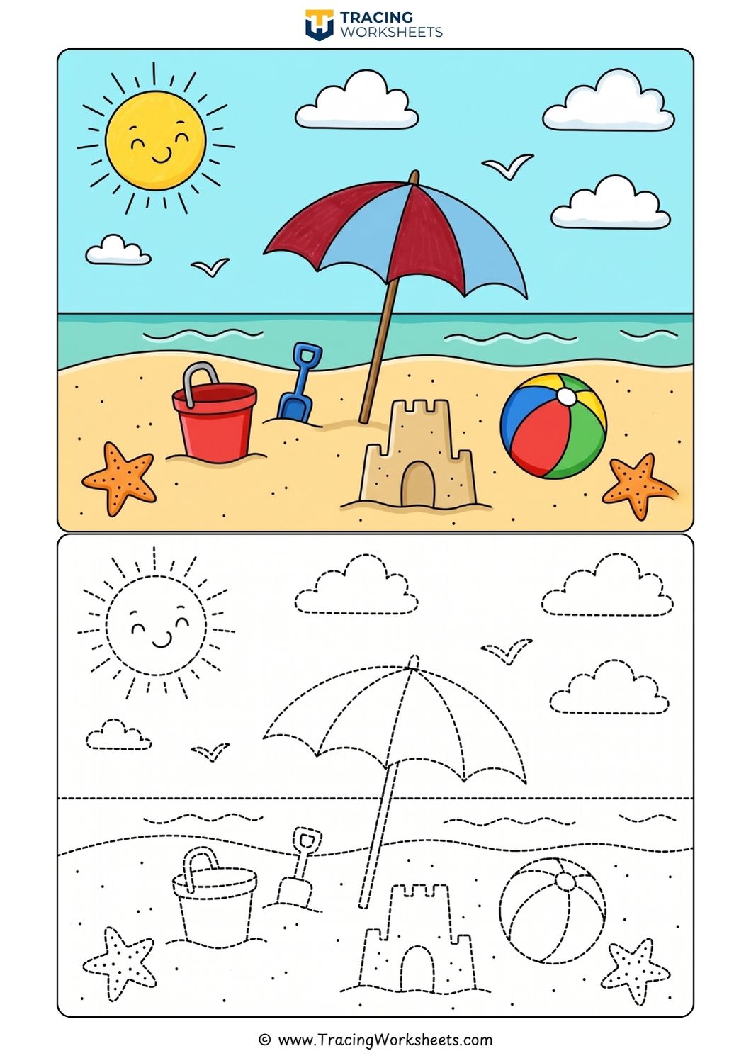 Summer Beach Scene Line Tracing Worksheet Summer beach scene line tracing worksheet featuring a sandcastle, beach toys, starfish, and a large umbrella under a smiling sun.